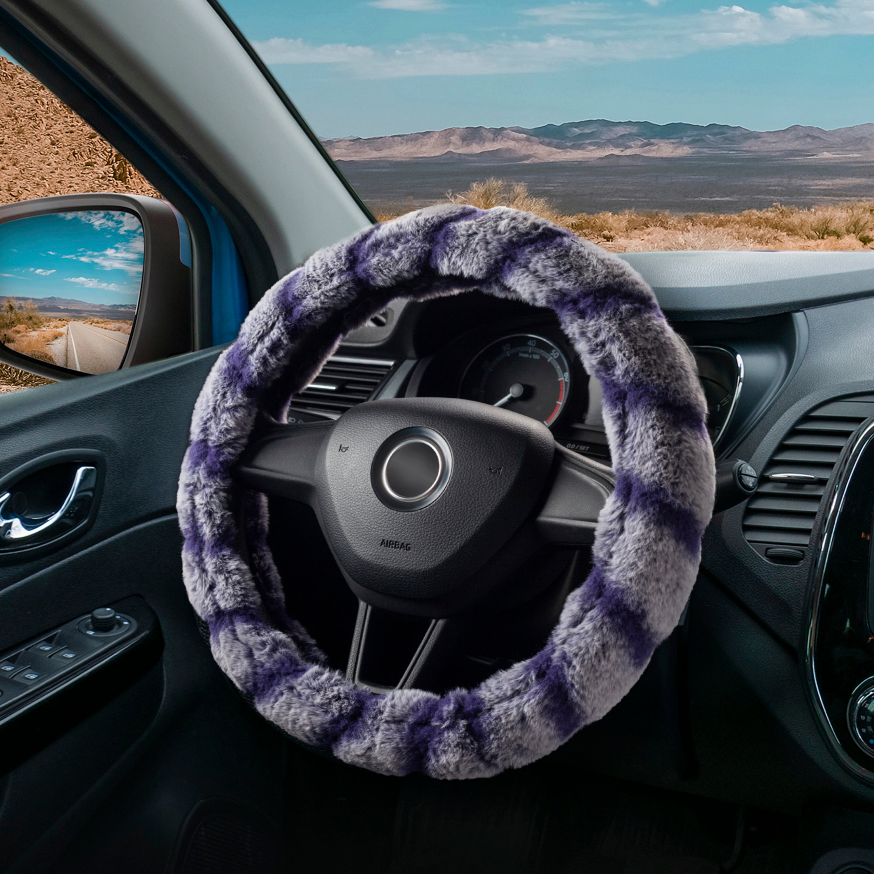 DSV Standard White/Blue Fluffy Faux Wool Car Steering Wheel Cover - Plush Fur, Warm Fuzzy Steering Wheel Wrap - Decorative Automotive Accessory for Car/Truck/SUV 15'' (37-39CM)