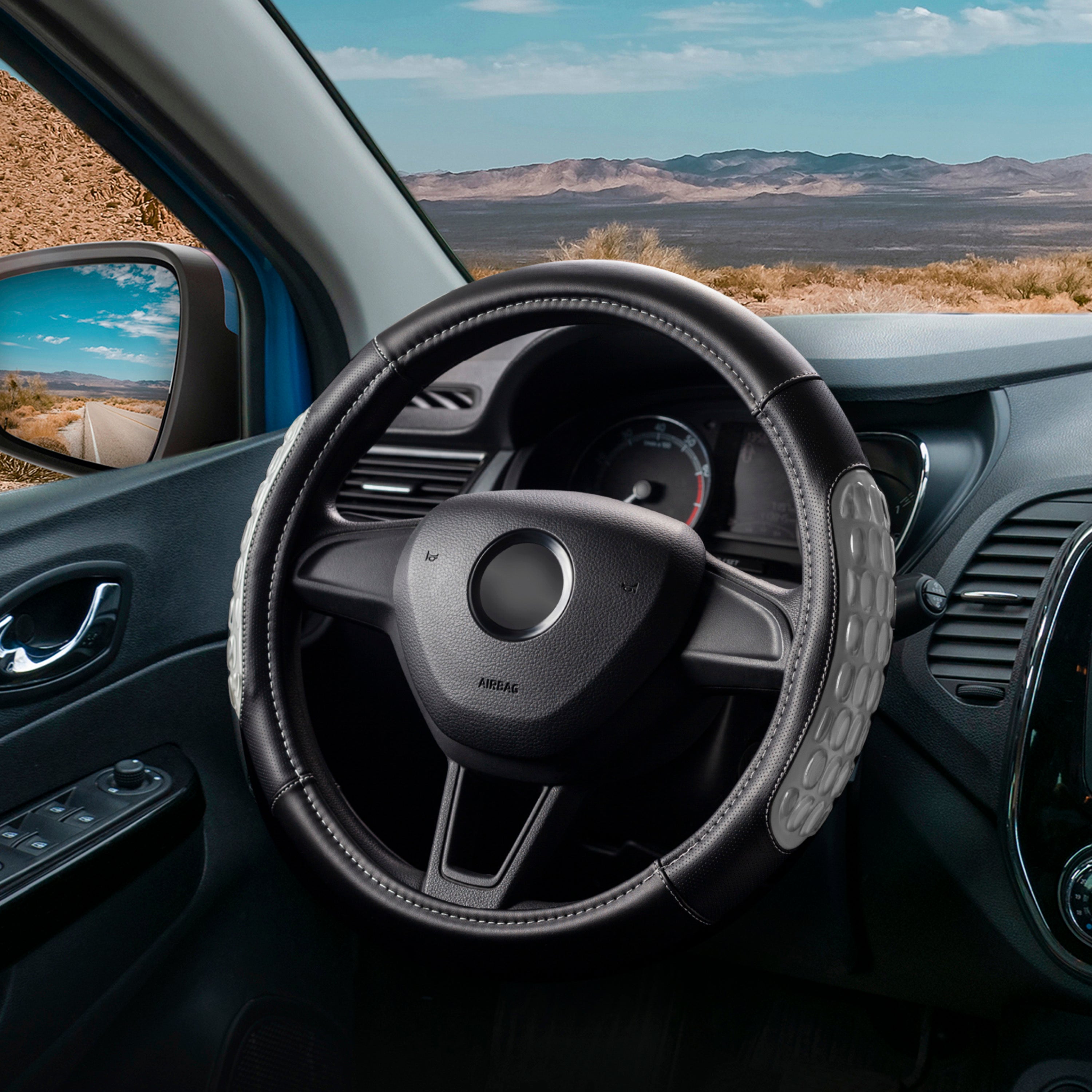 DSV Standard | Grey Leather Car Steering Wheel Cover |Breathable, Anti - Slip Odorless | Warm in Winter and Cool in Summer | Genuine Leather Steering Wheel Cover 15'' (37-39 cm)