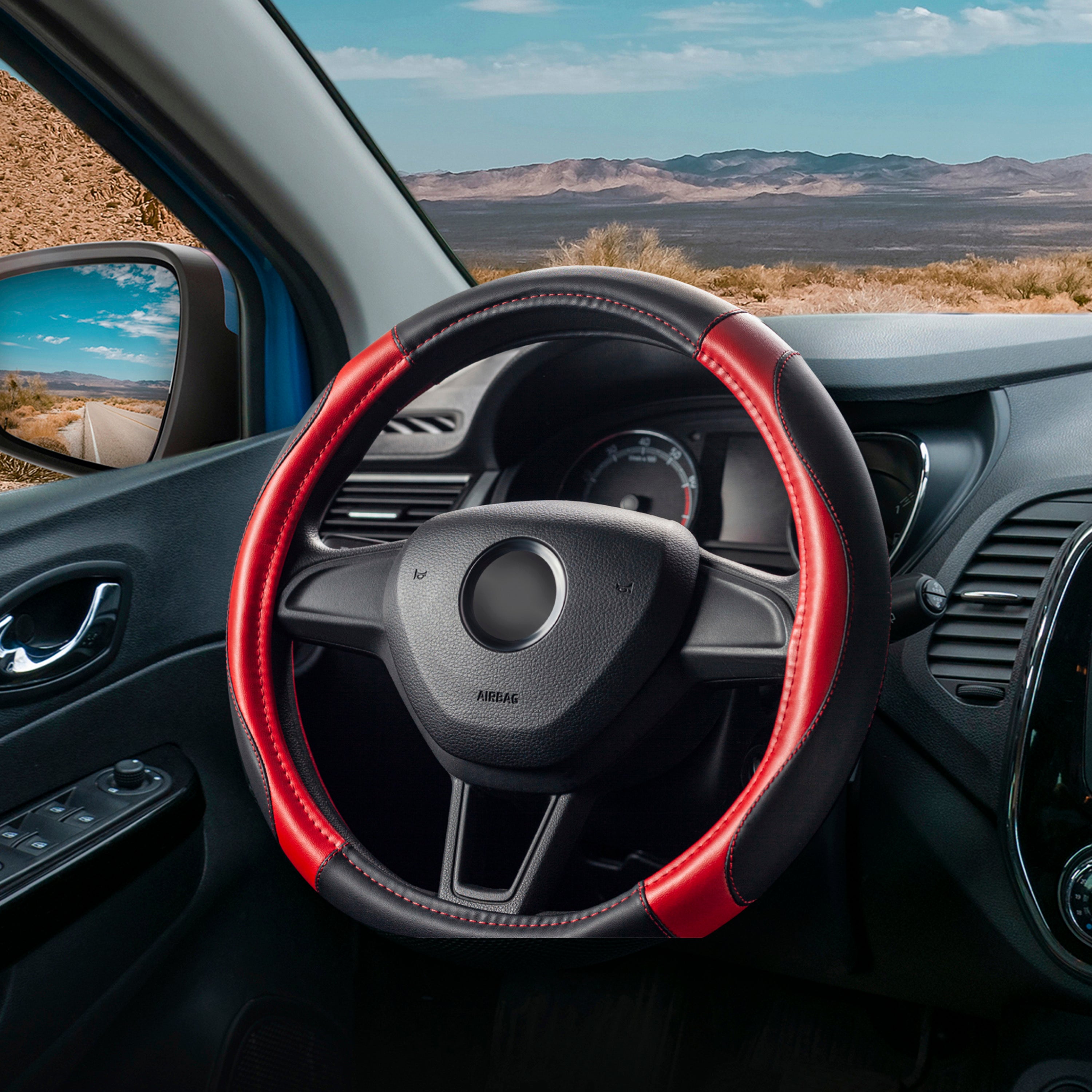 DSV Standard | Red Leather Car Steering Wheel Cover |Breathable, Anti - Slip Odorless | Warm in Winter and Cool in Summer | Genuine Leather Steering Wheel Cover 15'' (37-39 cm)