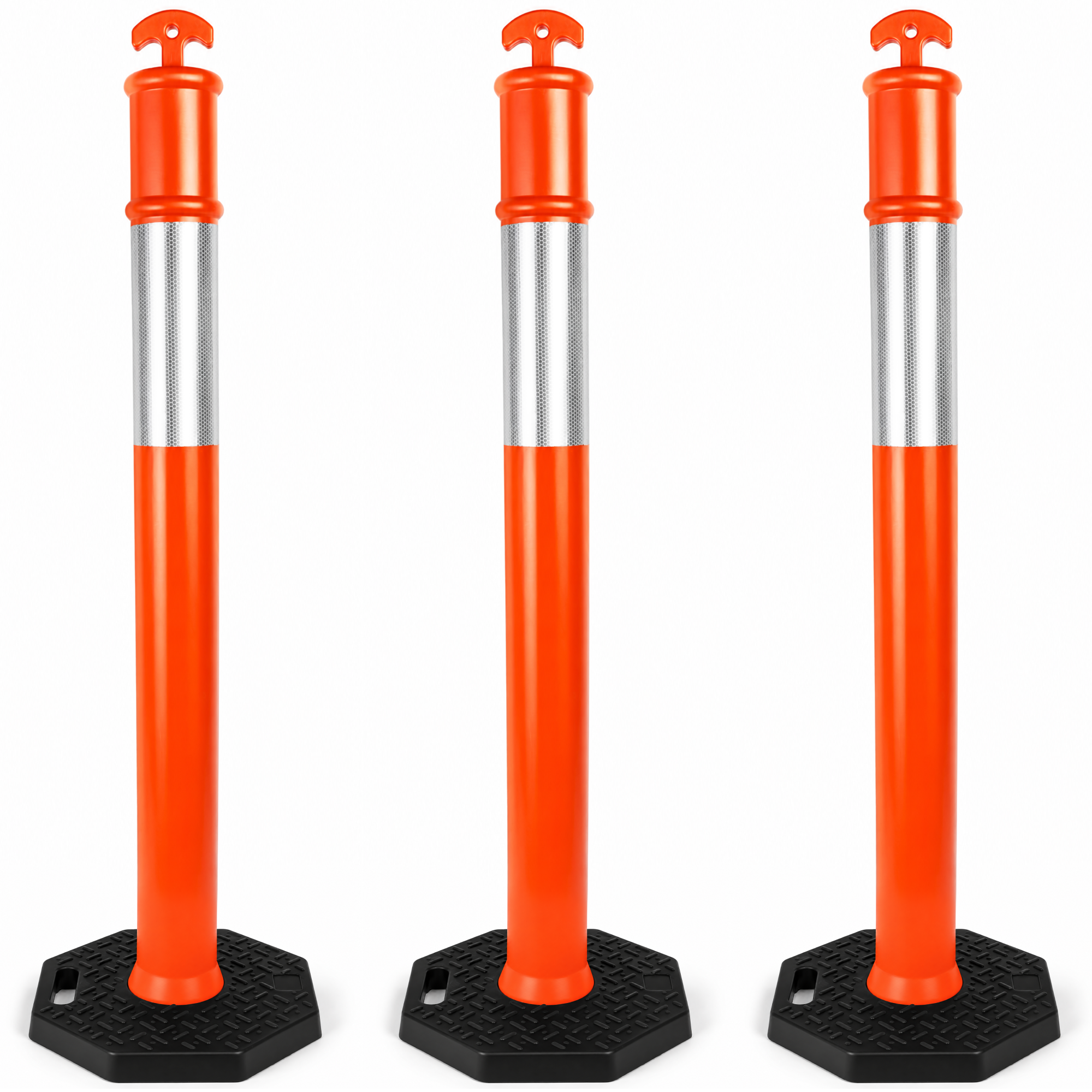 DSV 45’' Traffic Delineator Post with Heavy Duty Rubber Base, Impact-Resistant Traffic Cones with Reflective Collars for Driving Practice, Construction Work, 3 Pack, Orange