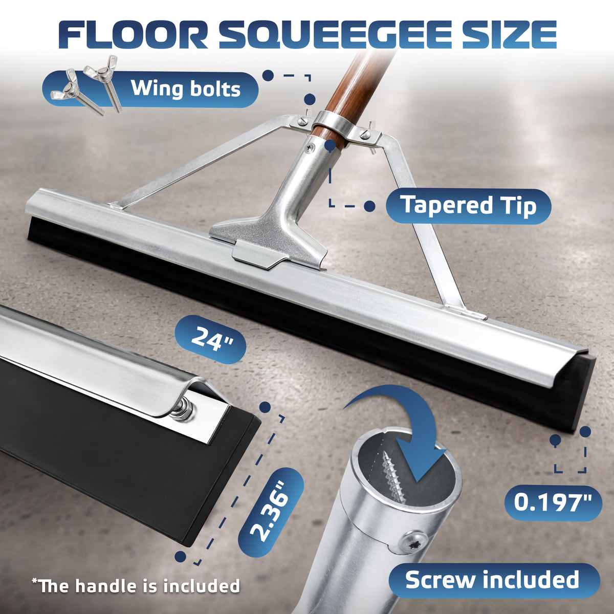 DSV Straight Rubber Floor Squeegee 24'' with Tapered Wood Handle 57''