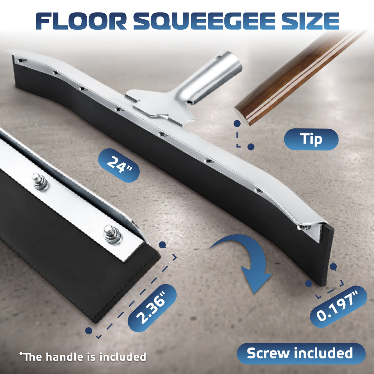 DSV Curved Floor Squeegee, 24’’ Rubber Blade Garage Squeegee, 57'' Tapered Wood Handle, Asphalt Squeegee for Floor, Garage, Concrete, Asphalt and Tile