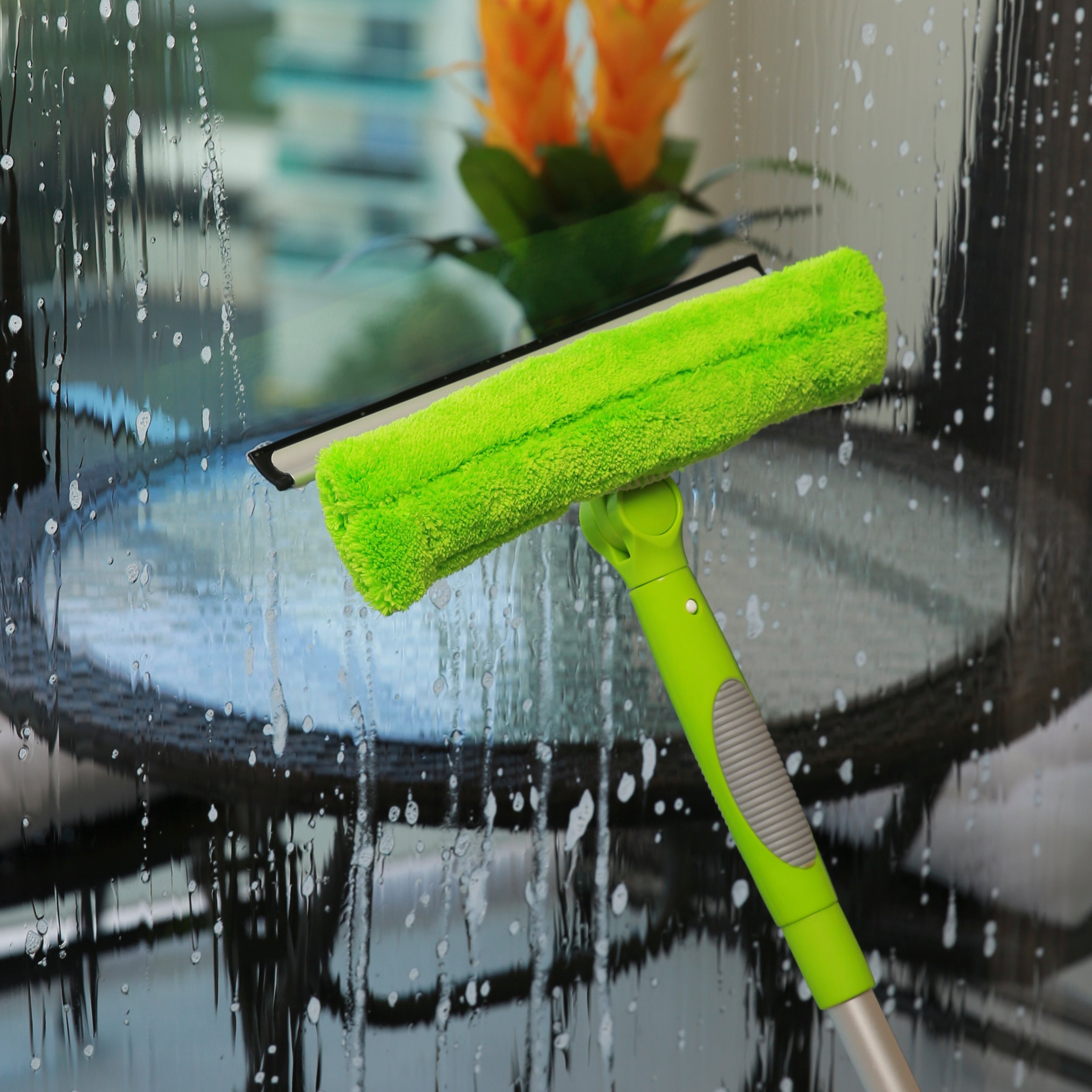 DSV Standard Window Squeegee | 2-in-1 Window Cleaner | Microfiber Washer Brush and Soft Rubber Strip with Telescopic Extension Pole 54” | Clean from Multiple Angles