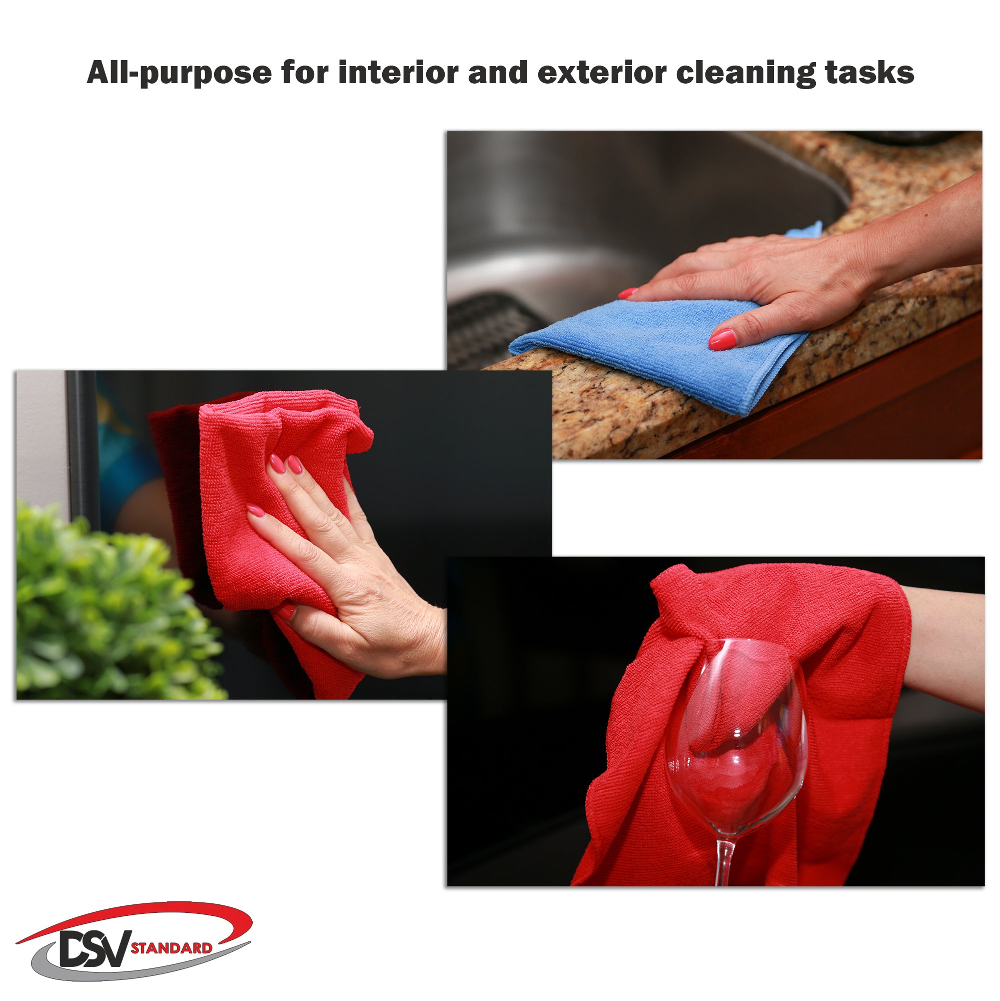 DSV Standard Microfiber Cleaning Cloth,Pack of 12 |Red & Yellow & Blue| Size:13.8" x 15.7" | Super Absorbent Reusable Wash Clothes for Car House Window Cleaner