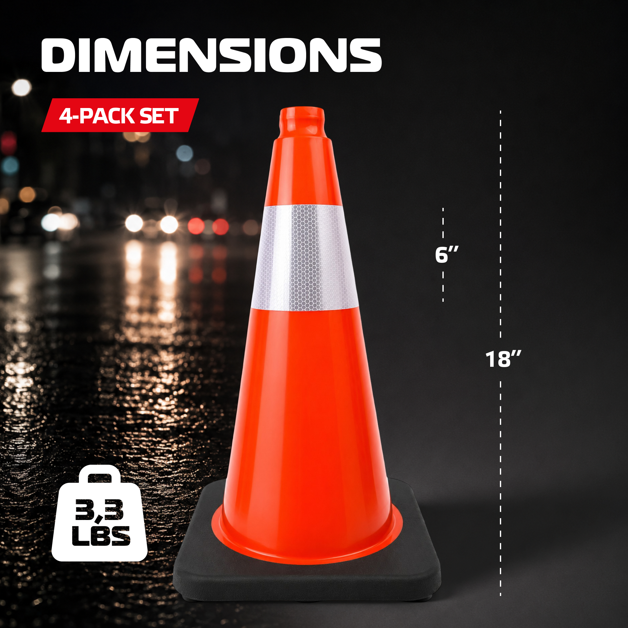 DSV Traffic Safety Cones 18’’ with Heavy Black Base and Reflective Collar - 4 PK, Orange, PVC