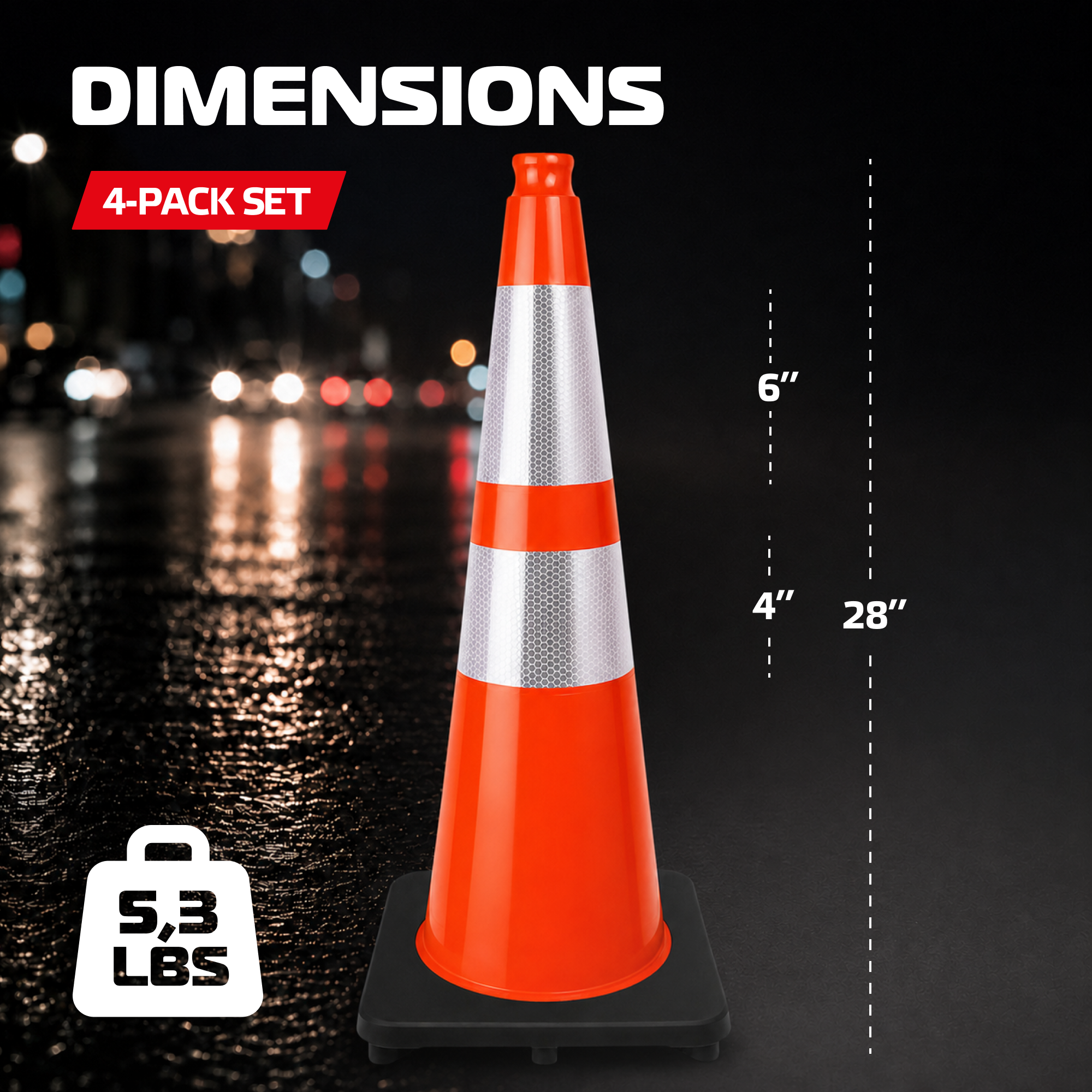 DSV 28’’ Traffic Cones with Heavy Black Base, Impact-Resistant Safety Cones with Reflective Collars for Parking, Road Construction, Drivers Training, Driveway, 4 Pack, PVC, Orange