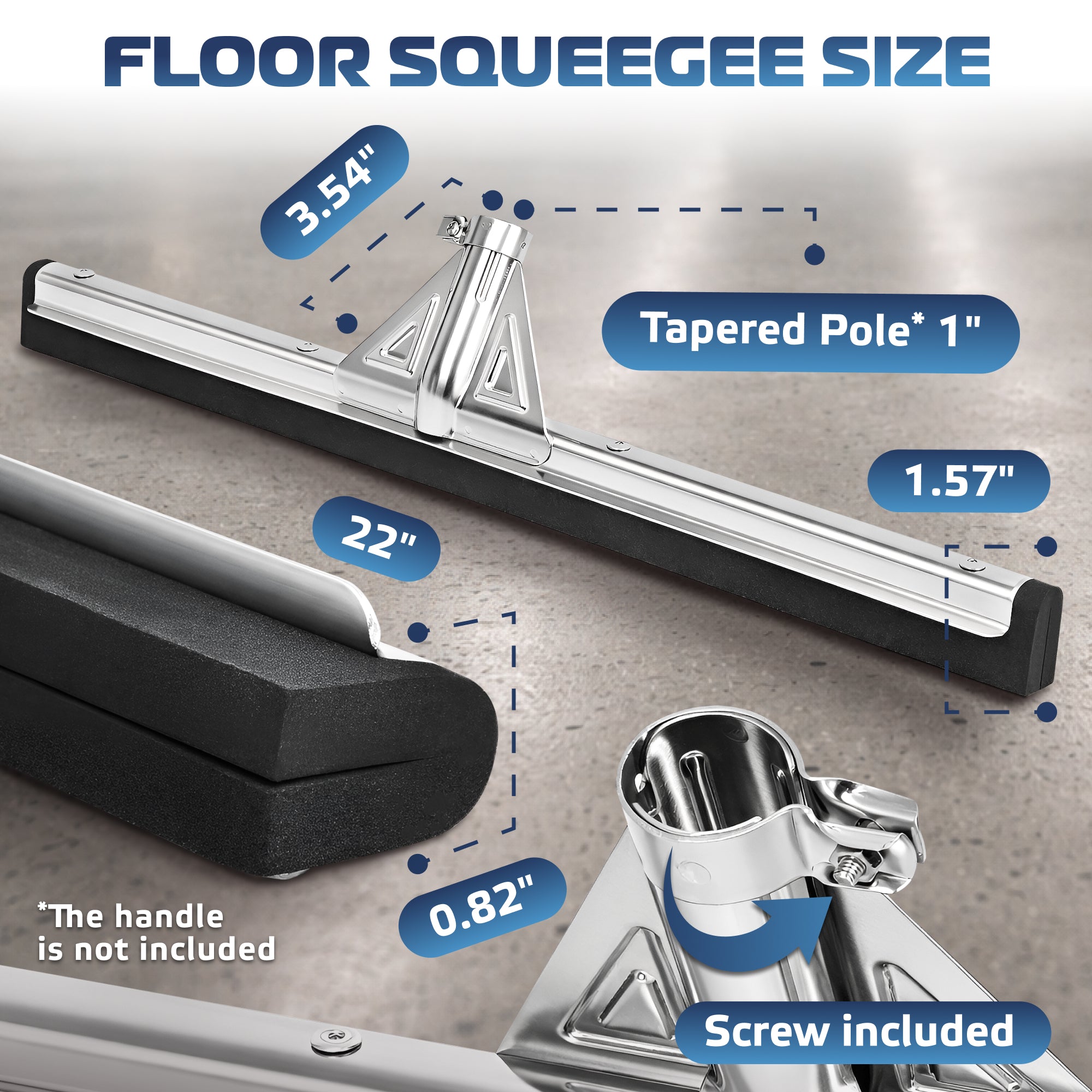 DSV Standard Heavy-Duty Floor Squeegee 22’’, Double Foam Rubber Blade Garage Squeegee, Taper Pole Connection - Handle Sold Separately for Tiles, Concrete and Asphalt