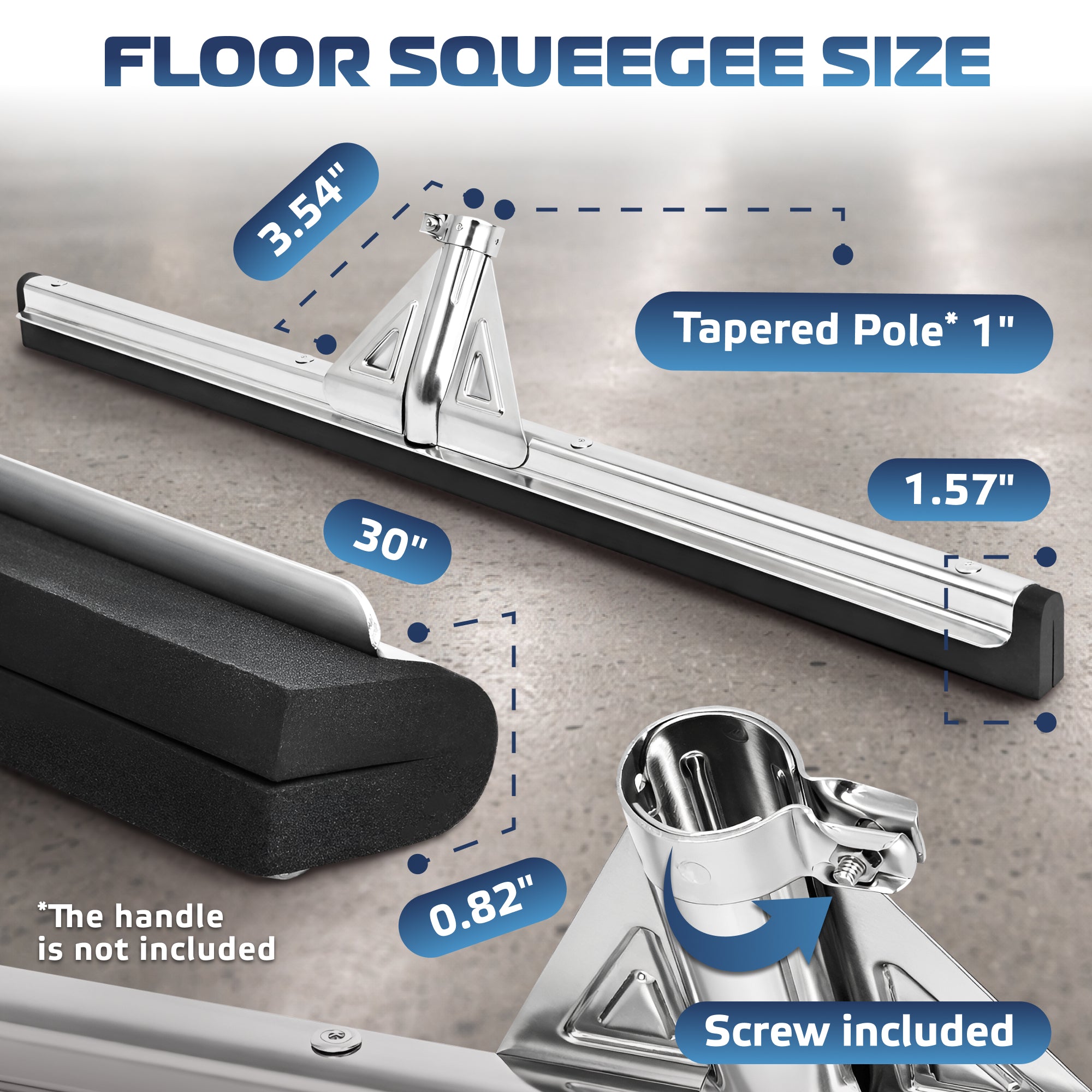 DSV Standard Heavy-Duty Floor Squeegee 30’’, Double Foam Rubber Blade Garage Squeegee, Taper Pole Connection - Handle Sold Separately for Tiles, Concrete and Asphalt