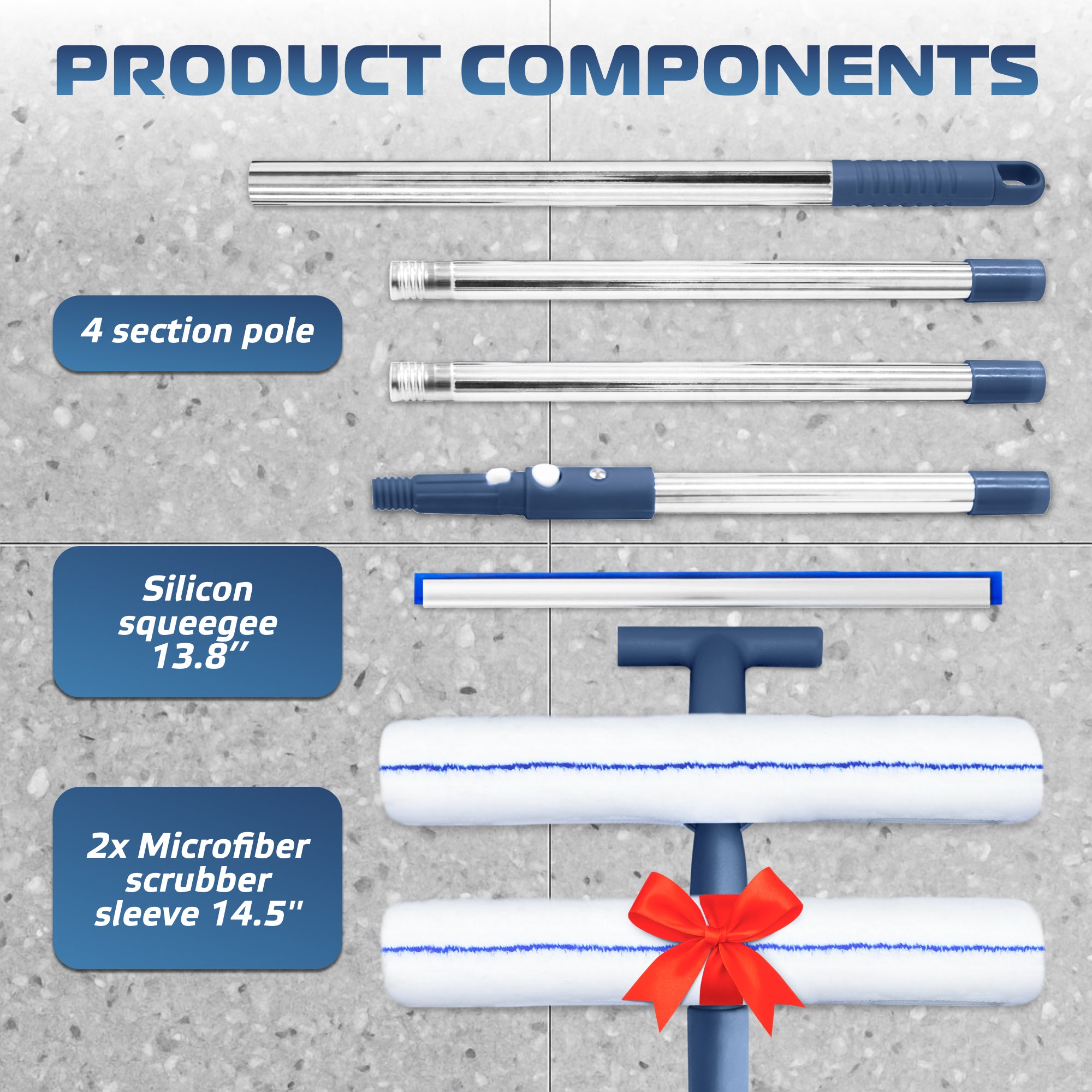DSV Standard Window Cleaning Kit 62’’, Window Washing Kit with Extension Pole with Silicone Scraper and 2X Microfiber Scrubber Sleeves, Window Cleaner Tool for Home, Shower, Glass, Mirror, Car