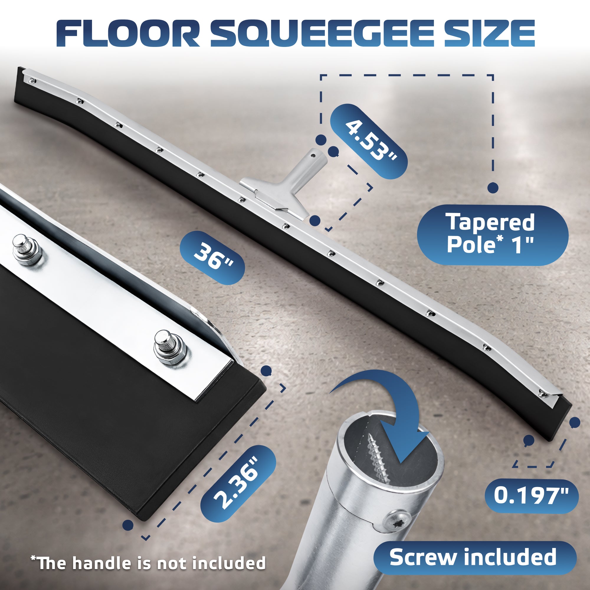 DSV Standard Curved Floor Squeegee 36’’, Rubber Blade Garage Squeegee, Taper Pole Connection - Handle Sold Separately for Tiles, Concrete and Asphalt