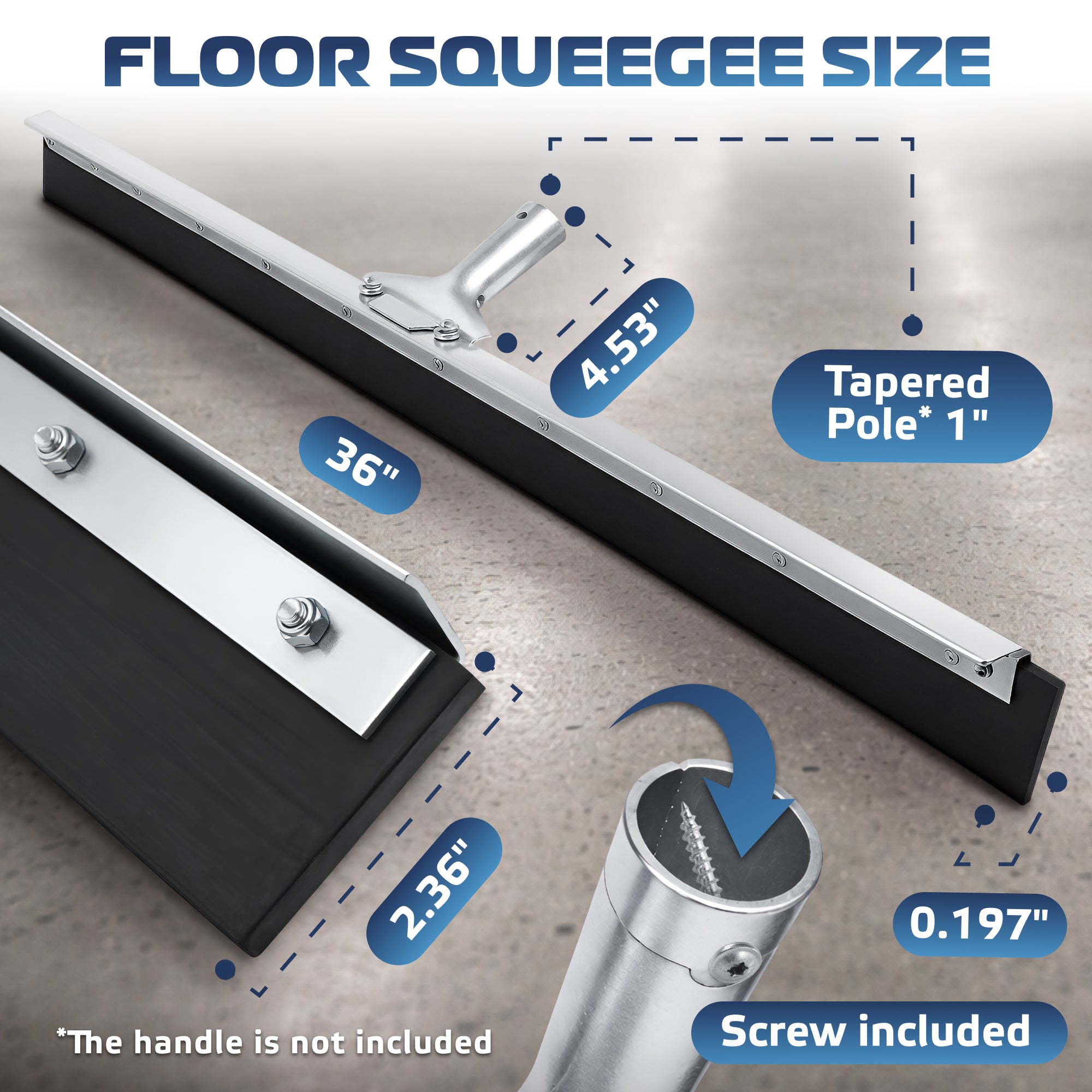 DSV Standard Garage Floor Squeegee 36’’, Neoprene Blade Asphalt Squeegee, Taper Pole Connection - Handle Sold Separately for Tiles, Concrete and Asphalt