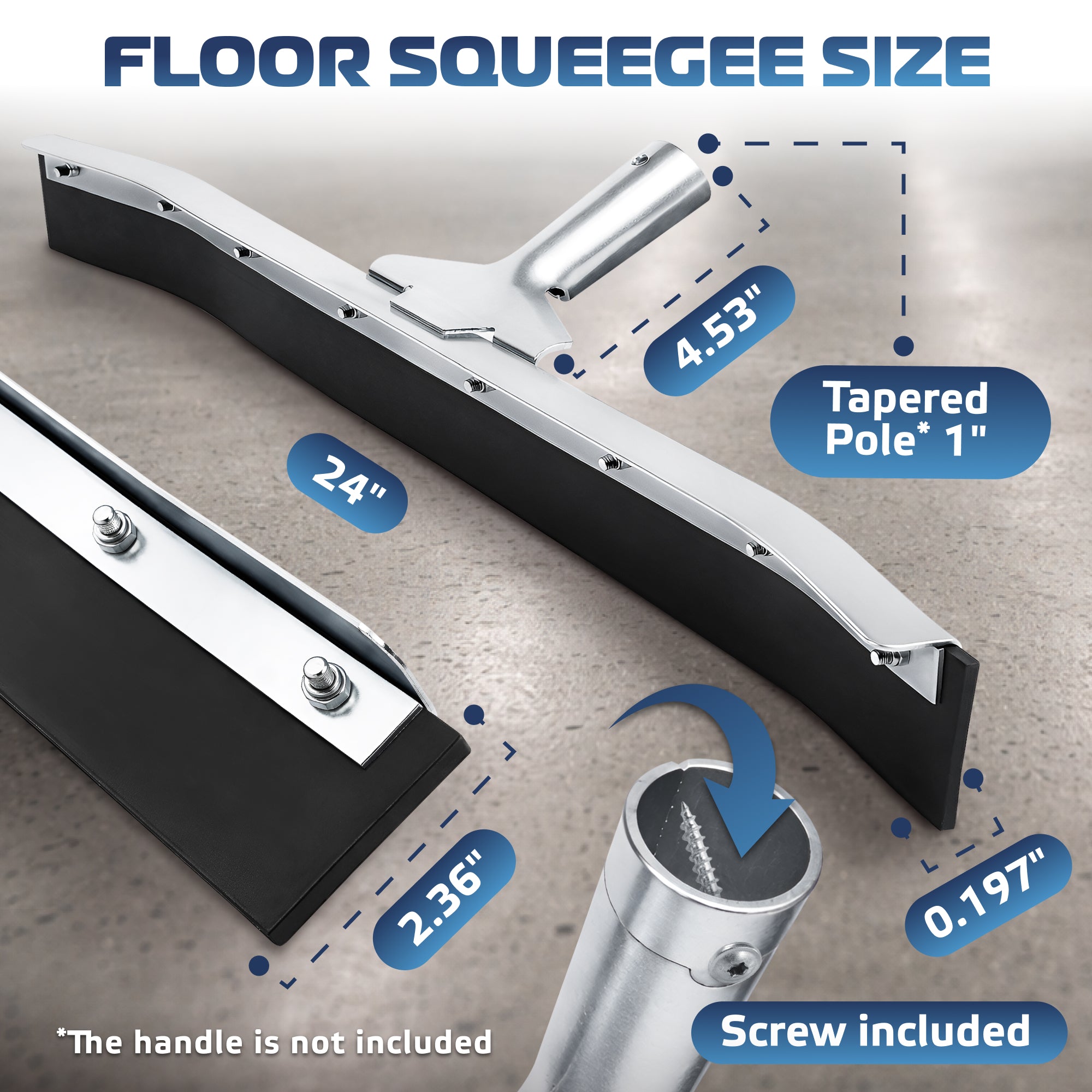 DSV Standard Curved Floor Squeegee 24’’, Rubber Blade Garage Squeegee, Taper Pole Connection - Handle Sold Separately for Tiles, Concrete and Asphalt