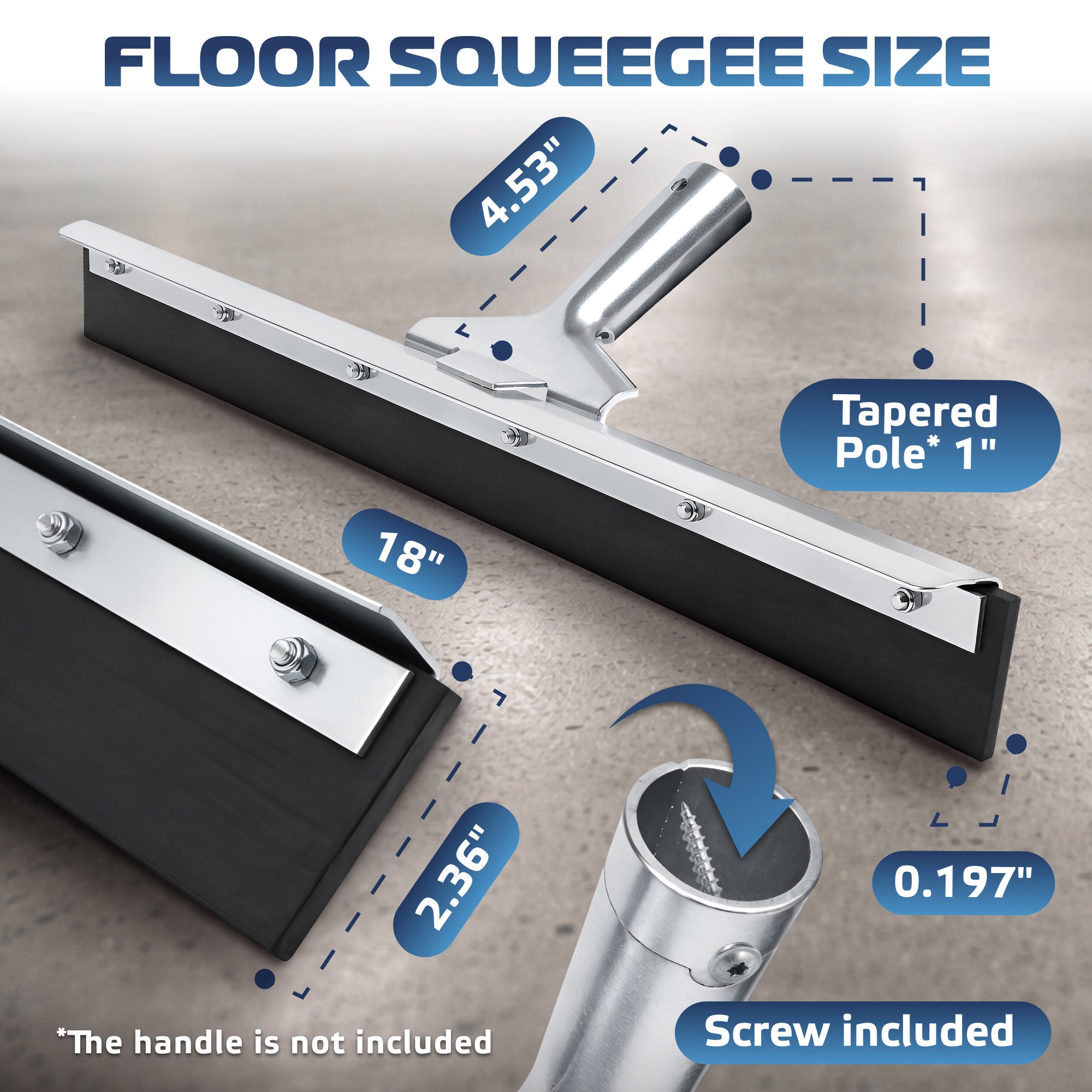 DSV Standard Garage Floor Squeegee 18’’, Neoprene Blade Asphalt Squeegee, Taper Pole Connection - Handle Sold Separately for Tiles, Concrete and Asphalt