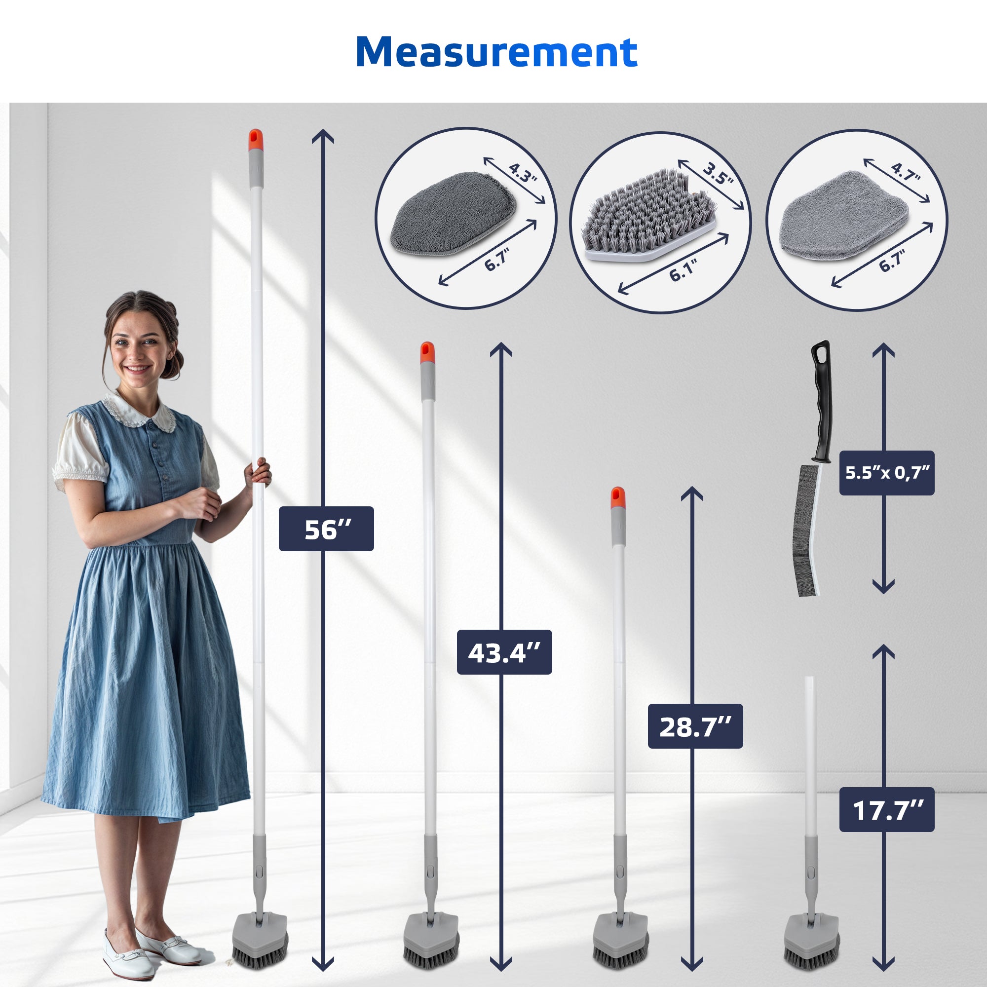 DSV Standard Tile Tub Scrubber Brush Shower Scrubber with Long Handle, 3-in-1 Cleaning Brush with 3 Detachable No Scratch Brush Heads, 56’’ Scrub Brush