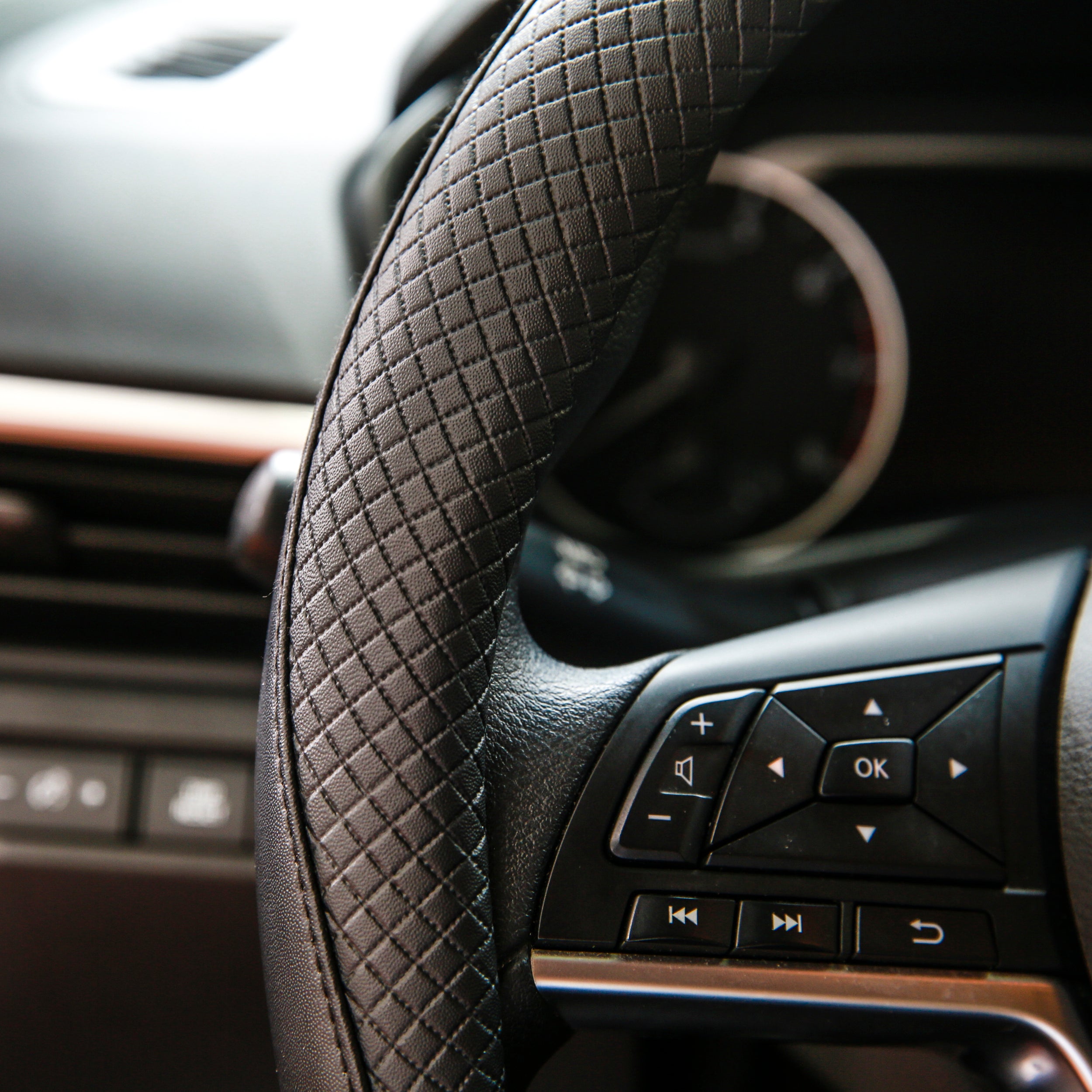 DSV Standard | Black Leather Car Steering Wheel Cover |Breathable, Anti - Slip Odorless | Warm in Winter and Cool in Summer | Genuine Leather Steering Wheel Cover 15'' (37-39 cm)