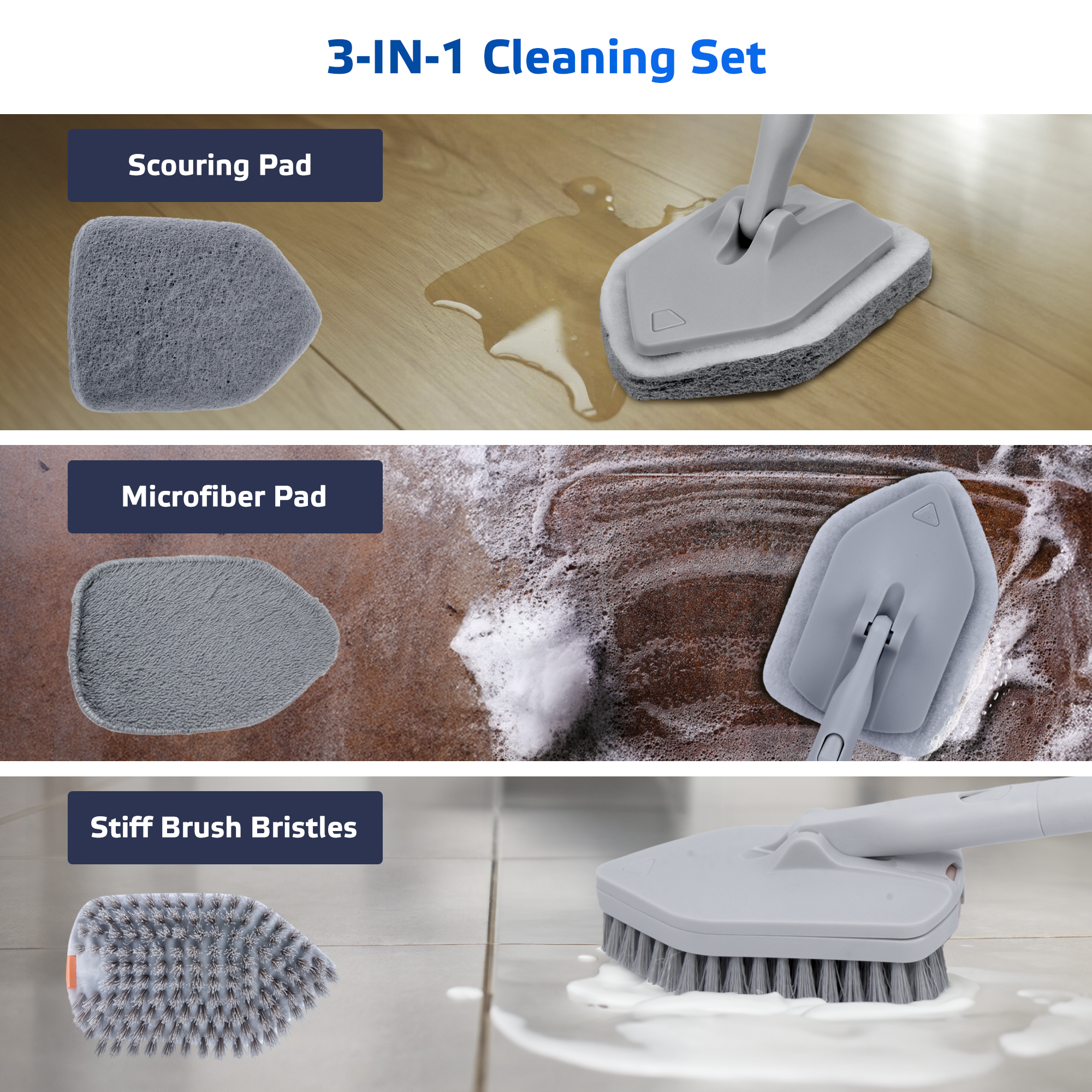 DSV Standard Tile Tub Scrubber Brush Shower Scrubber with Long Handle, 3-in-1 Cleaning Brush with 3 Detachable No Scratch Brush Heads, 56’’ Scrub Brush
