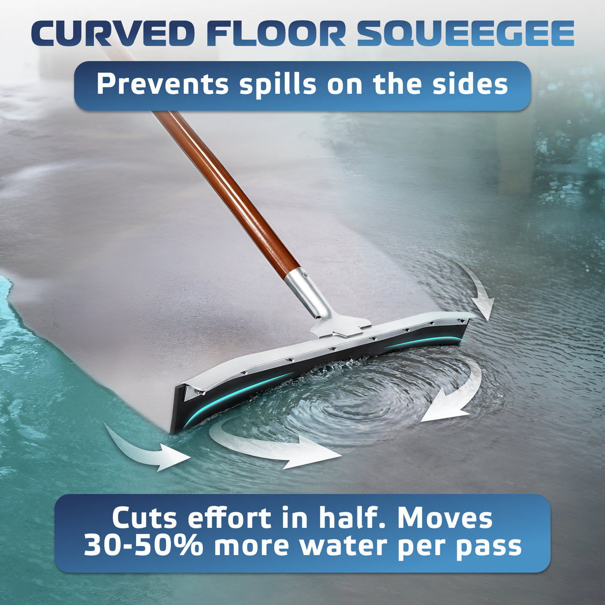 DSV Curved Floor Squeegee, 24’’ Rubber Blade Garage Squeegee, 57'' Tapered Wood Handle, Asphalt Squeegee for Floor, Garage, Concrete, Asphalt and Tile