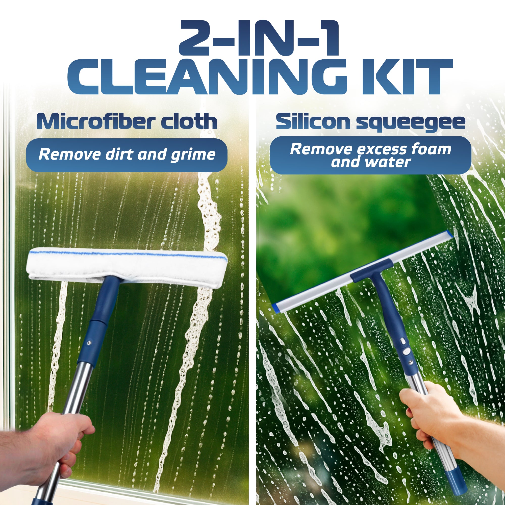 DSV Standard Window Cleaning Kit 62’’, Window Washing Kit with Extension Pole with Silicone Scraper and 2X Microfiber Scrubber Sleeves, Window Cleaner Tool for Home, Shower, Glass, Mirror, Car
