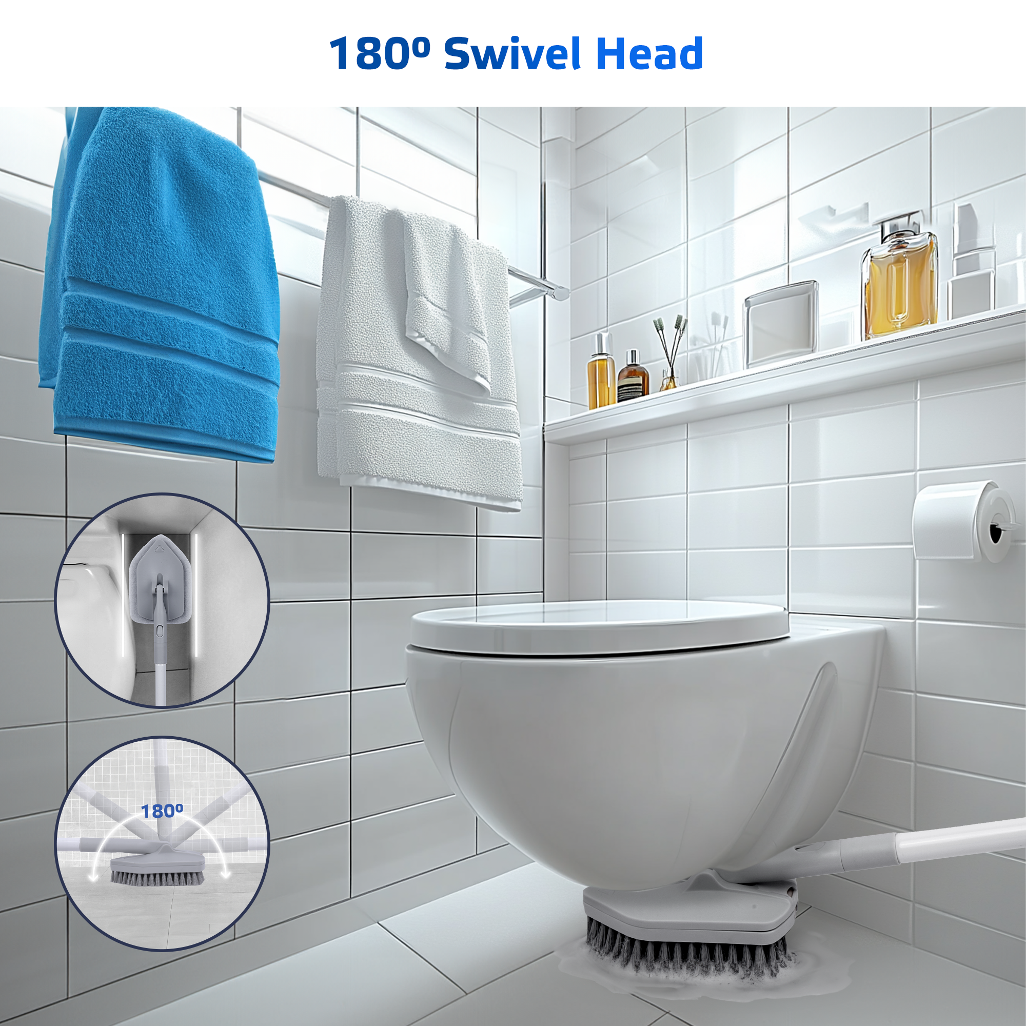 DSV Standard Tile Tub Scrubber Brush Shower Scrubber with Long Handle, 3-in-1 Cleaning Brush with 3 Detachable No Scratch Brush Heads, 56’’ Scrub Brush