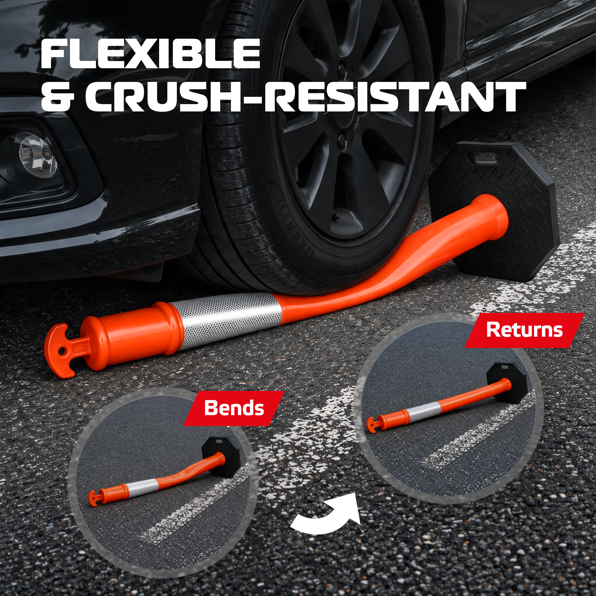 DSV 45’' Traffic Delineator Post with Heavy Duty Rubber Base, Impact-Resistant Traffic Cones with Reflective Collars for Driving Practice, Construction Work, 3 Pack, Orange