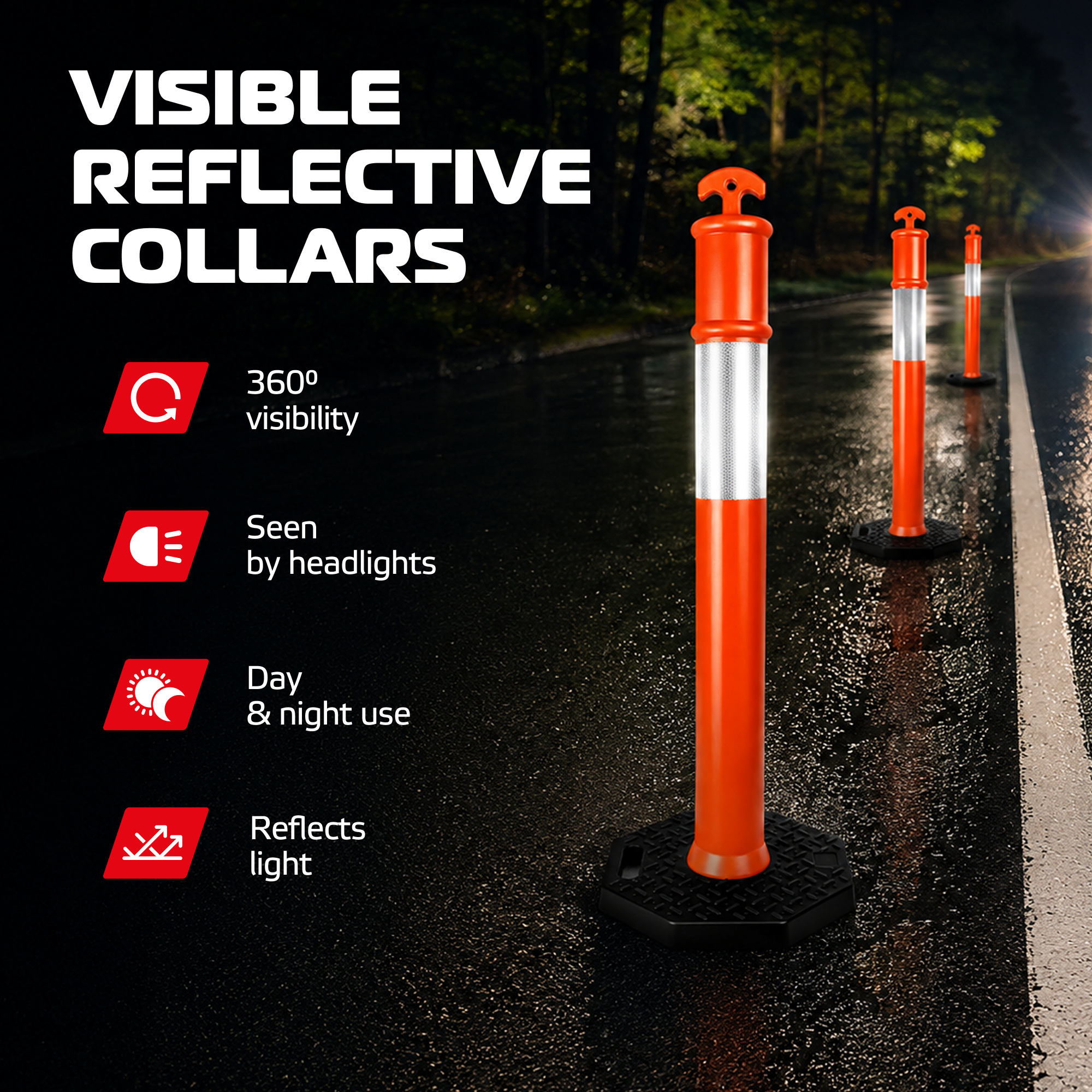 DSV 45’' Traffic Delineator Post with Heavy Duty Rubber Base, Impact-Resistant Traffic Cones with Reflective Collars for Driving Practice, Construction Work, 3 Pack, Orange