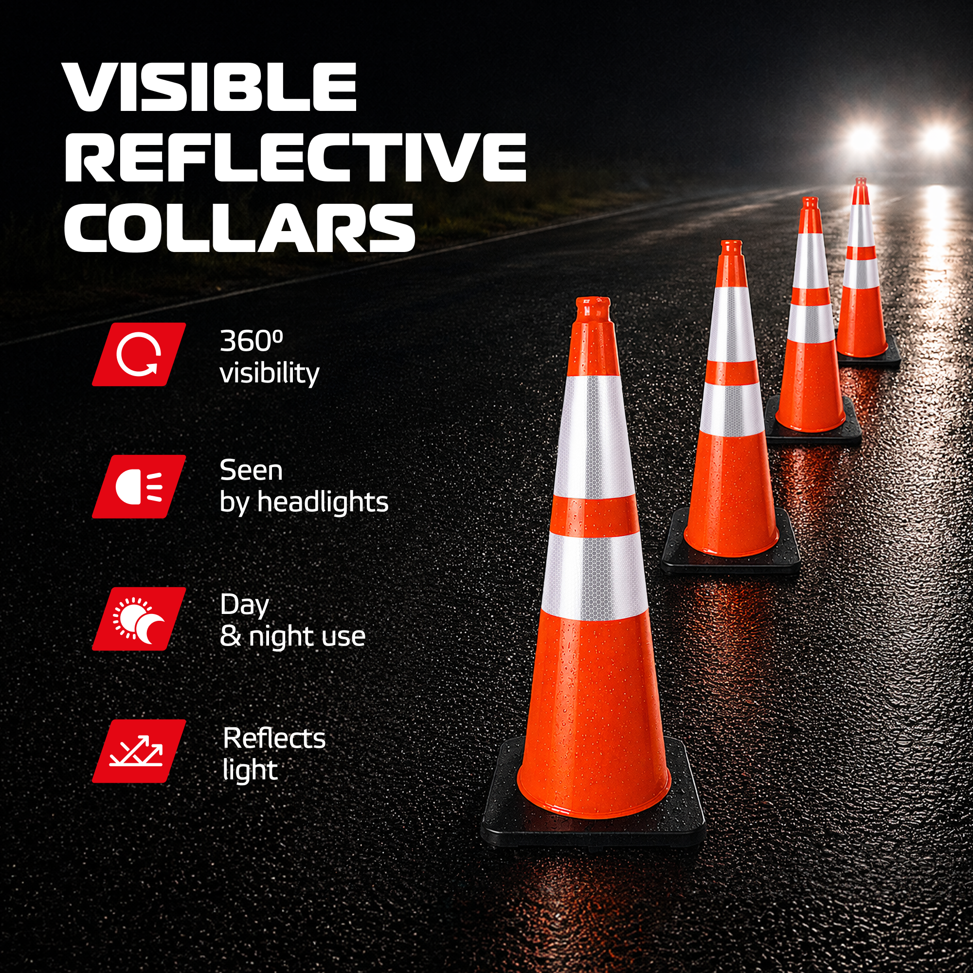 DSV 28’’ Traffic Cones with Heavy Black Base, Impact-Resistant Safety Cones with Reflective Collars for Parking, Road Construction, Drivers Training, Driveway, 4 Pack, PVC, Orange