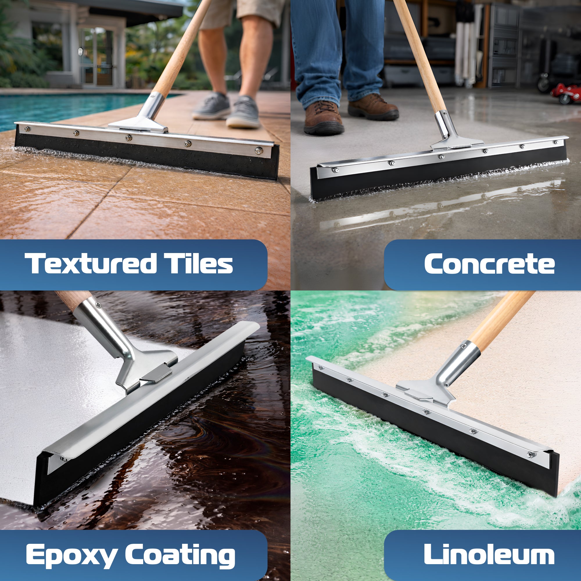 DSV Standard Garage Floor Squeegee 18’’, Neoprene Blade Asphalt Squeegee, Taper Pole Connection - Handle Sold Separately for Tiles, Concrete and Asphalt