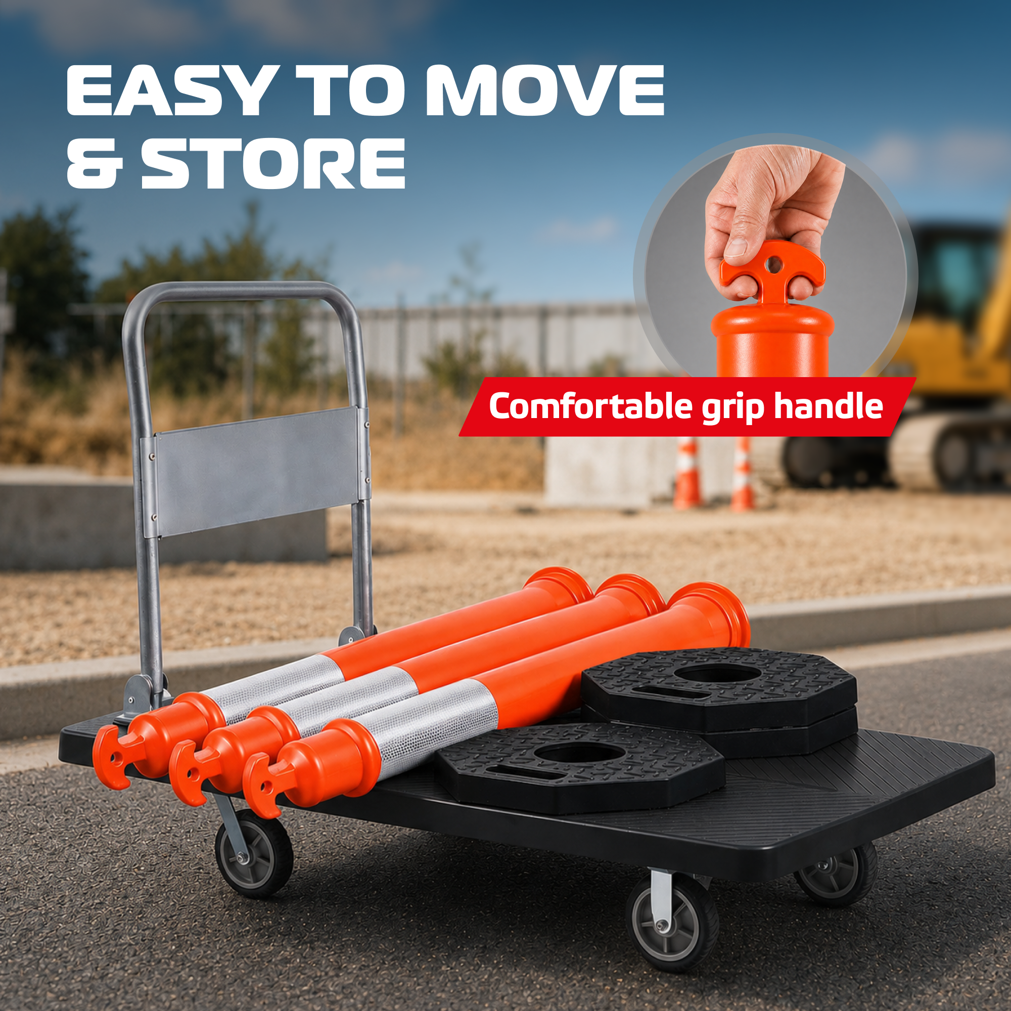 DSV 45’' Traffic Delineator Post with Heavy Duty Rubber Base, Impact-Resistant Traffic Cones with Reflective Collars for Driving Practice, Construction Work, 3 Pack, Orange