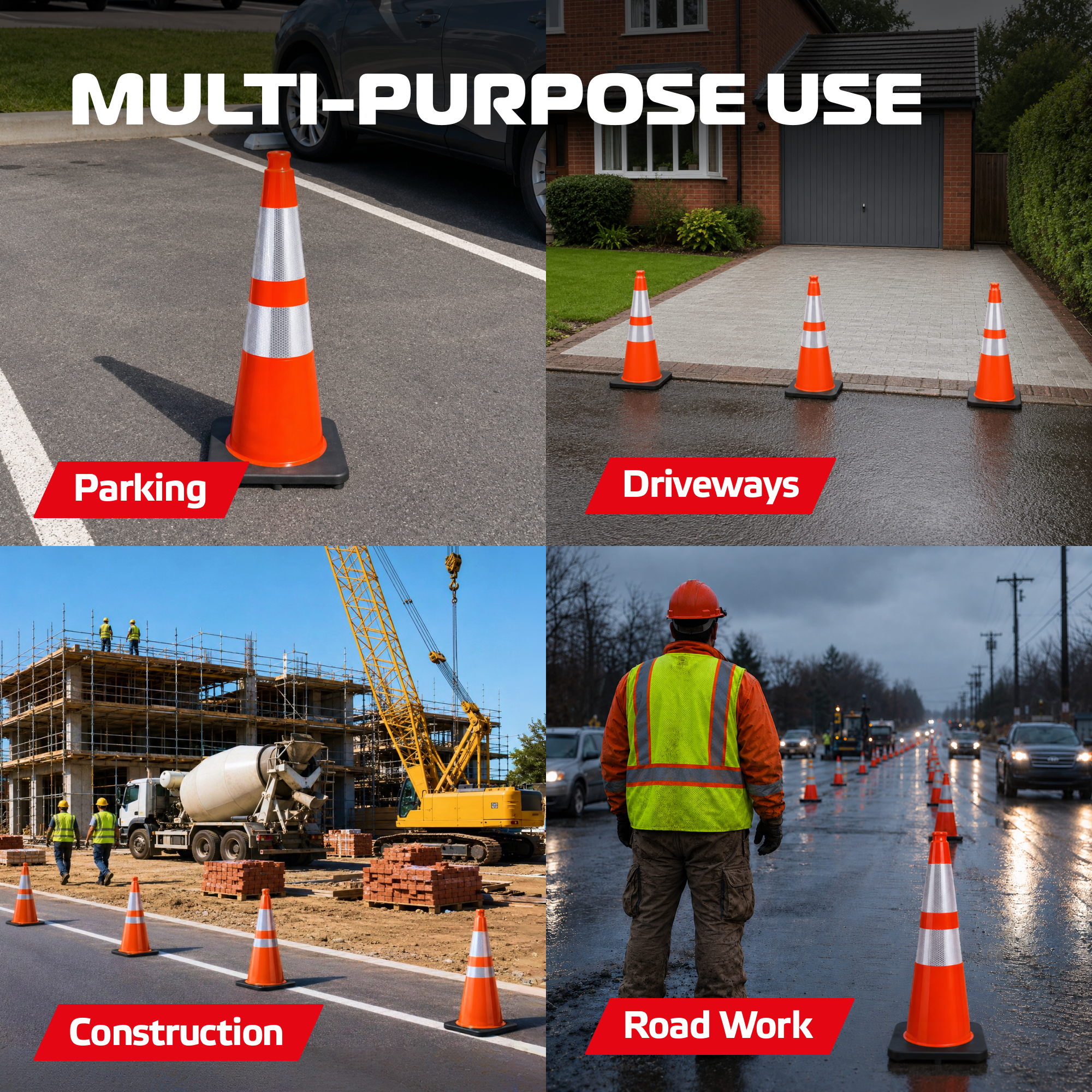 DSV 28’’ Traffic Cones with Heavy Black Base, Impact-Resistant Safety Cones with Reflective Collars for Parking, Road Construction, Drivers Training, Driveway, 4 Pack, PVC, Orange