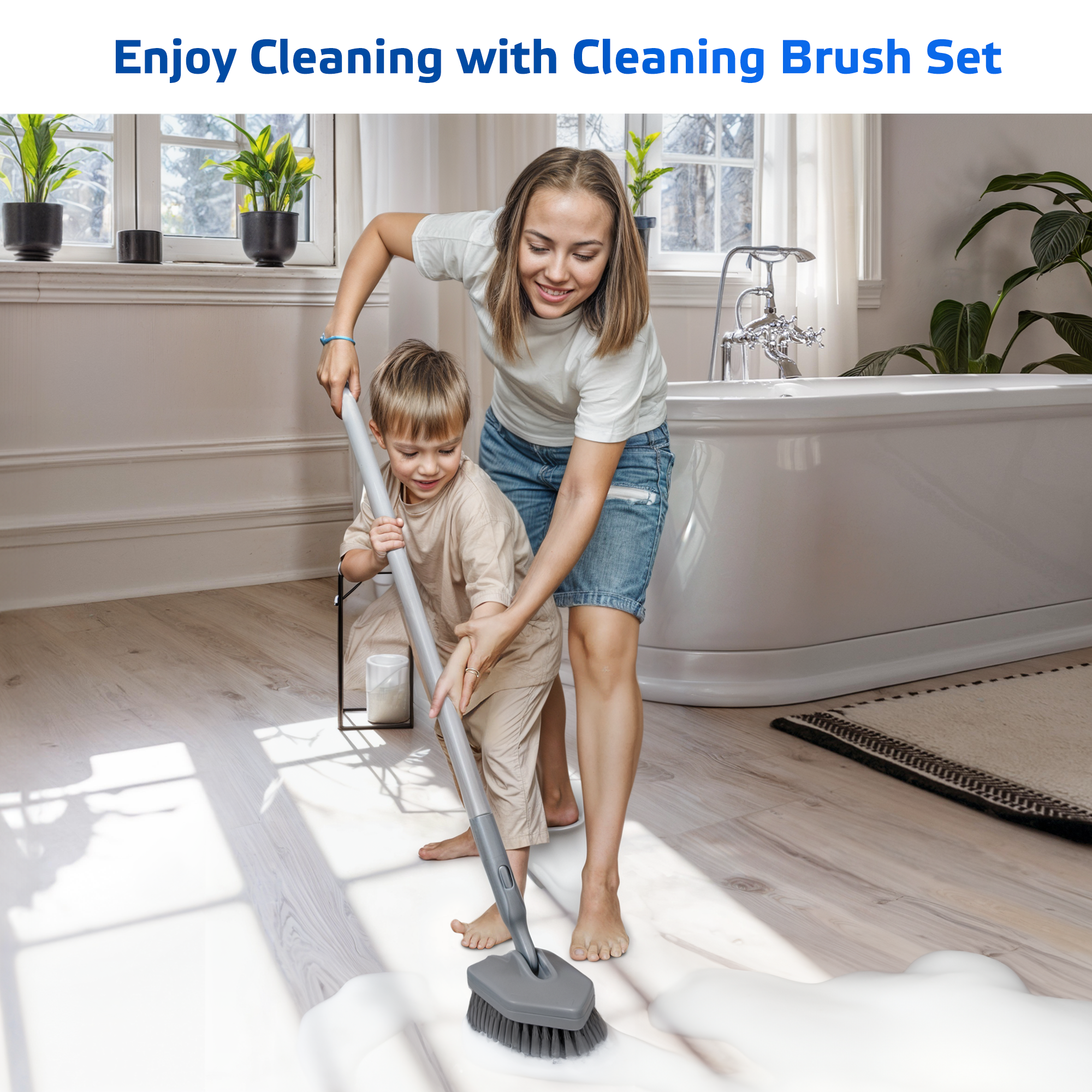 DSV Standard Tile Tub Scrubber Brush Shower Scrubber with Long Handle, 3-in-1 Cleaning Brush with 3 Detachable No Scratch Brush Heads, 56’’ Scrub Brush