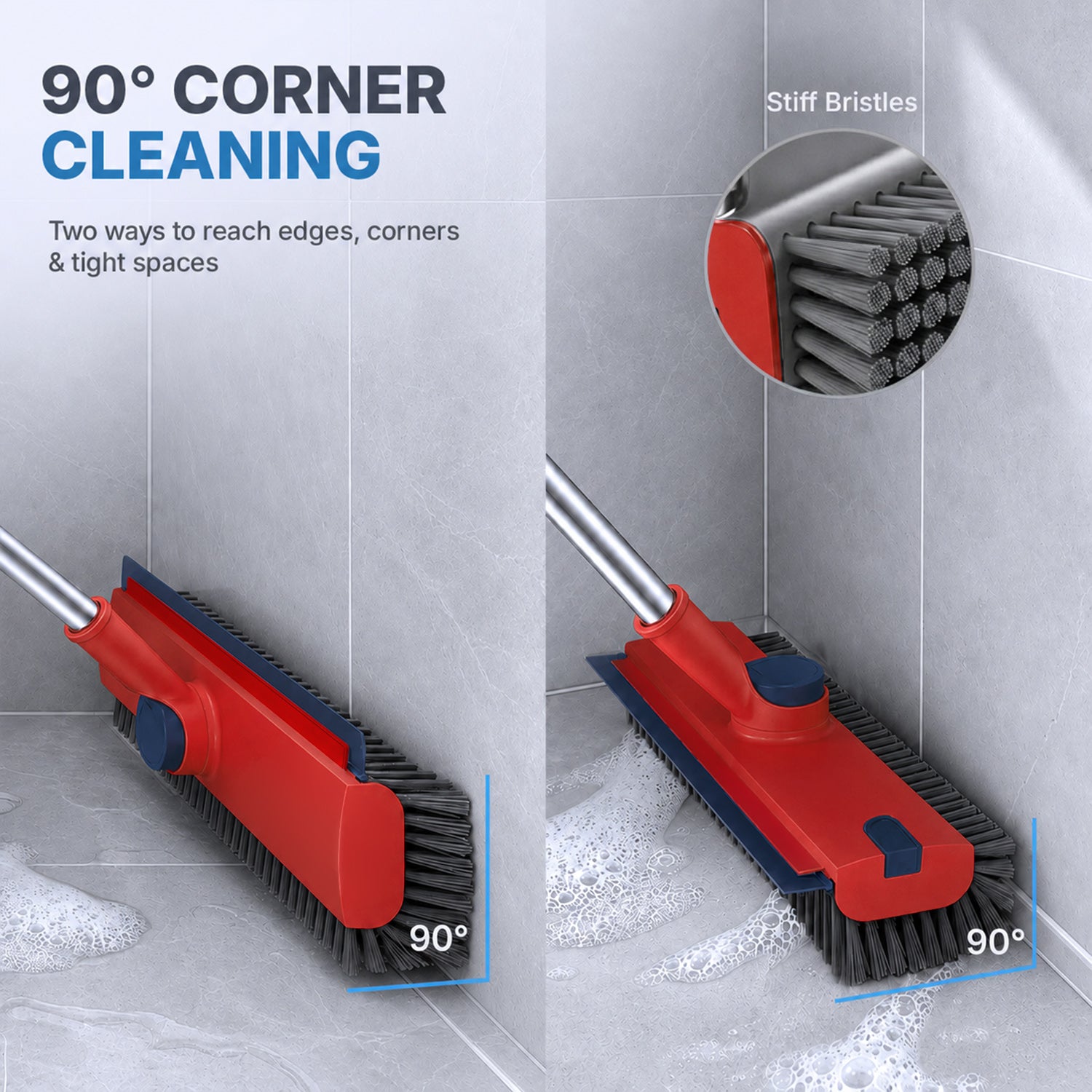 Floor Scrub Brush with Adjustable Long Handle 54’’, 3 in 1 Shower Scrubber with Squeegee, 360 Rotating Head, Stiff Bristle Cleaning Brush for Tile, Grout, Bathroom, Kitchen, Deck, Patio, Blue/Red