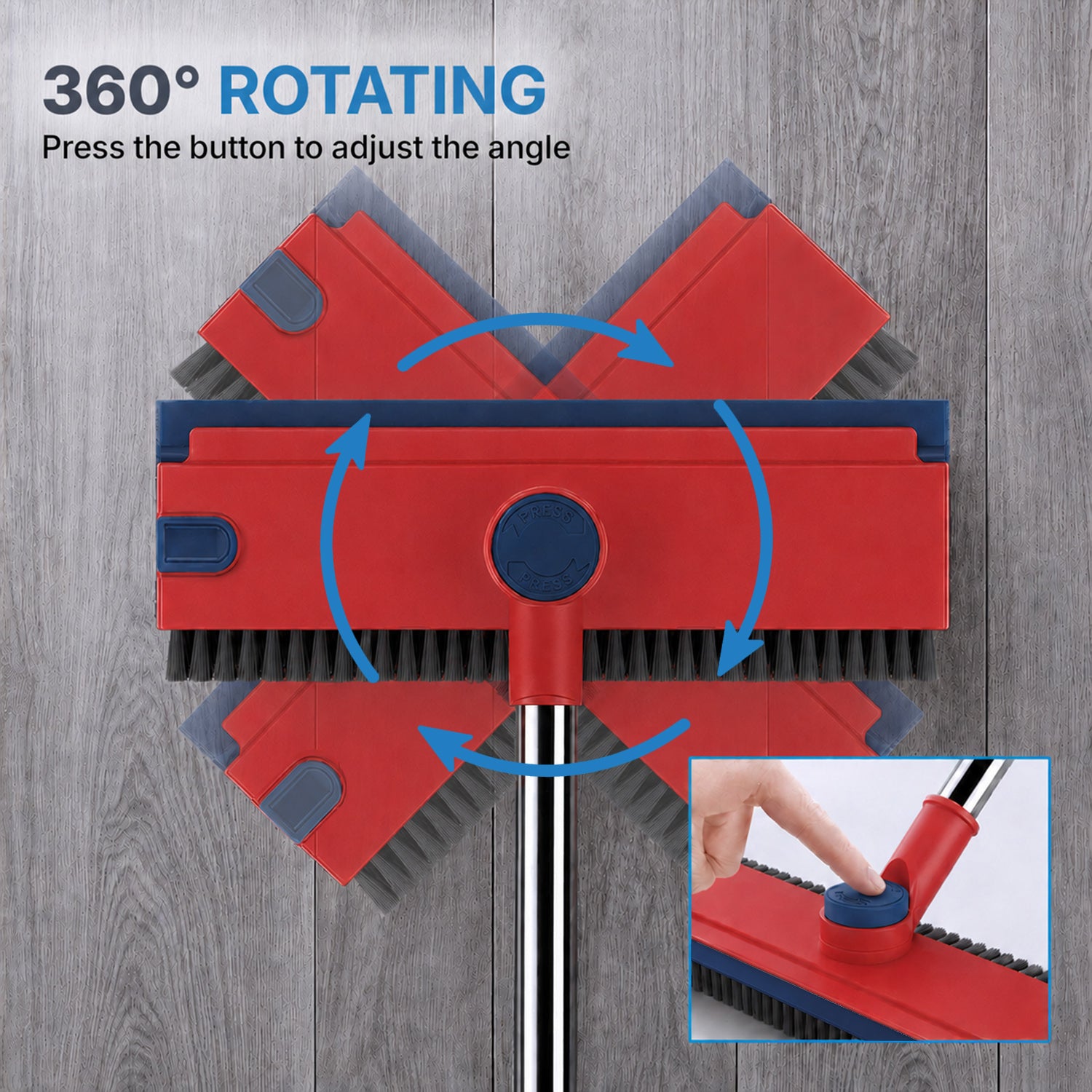 Floor Scrub Brush with Adjustable Long Handle 54’’, 3 in 1 Shower Scrubber with Squeegee, 360 Rotating Head, Stiff Bristle Cleaning Brush for Tile, Grout, Bathroom, Kitchen, Deck, Patio, Blue/Red
