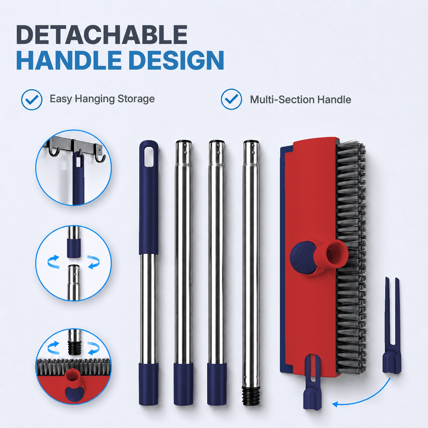 Floor Scrub Brush with Adjustable Long Handle 54’’, 3 in 1 Shower Scrubber with Squeegee, 360 Rotating Head, Stiff Bristle Cleaning Brush for Tile, Grout, Bathroom, Kitchen, Deck, Patio, Blue/Red
