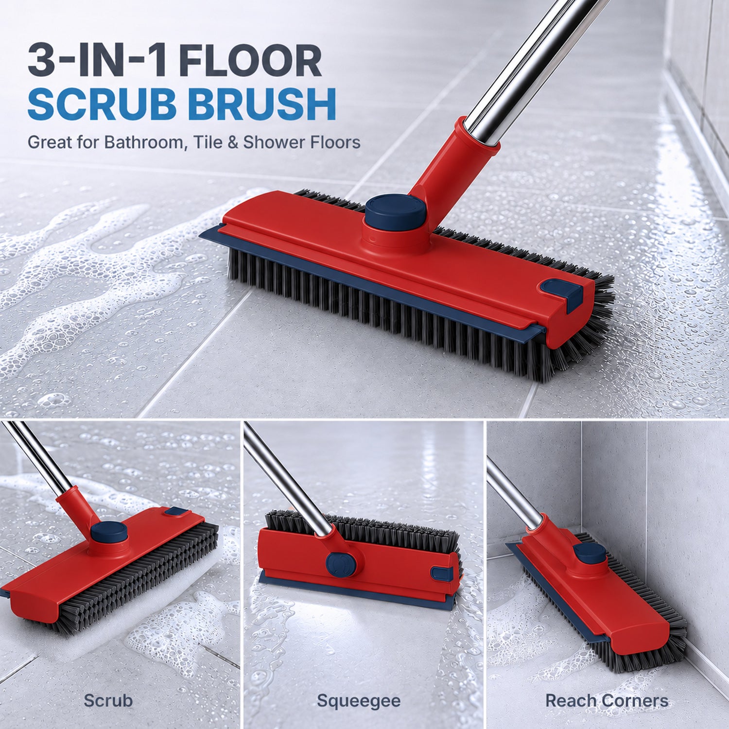 Floor Scrub Brush with Adjustable Long Handle 54’’, 3 in 1 Shower Scrubber with Squeegee, 360 Rotating Head, Stiff Bristle Cleaning Brush for Tile, Grout, Bathroom, Kitchen, Deck, Patio, Blue/Red