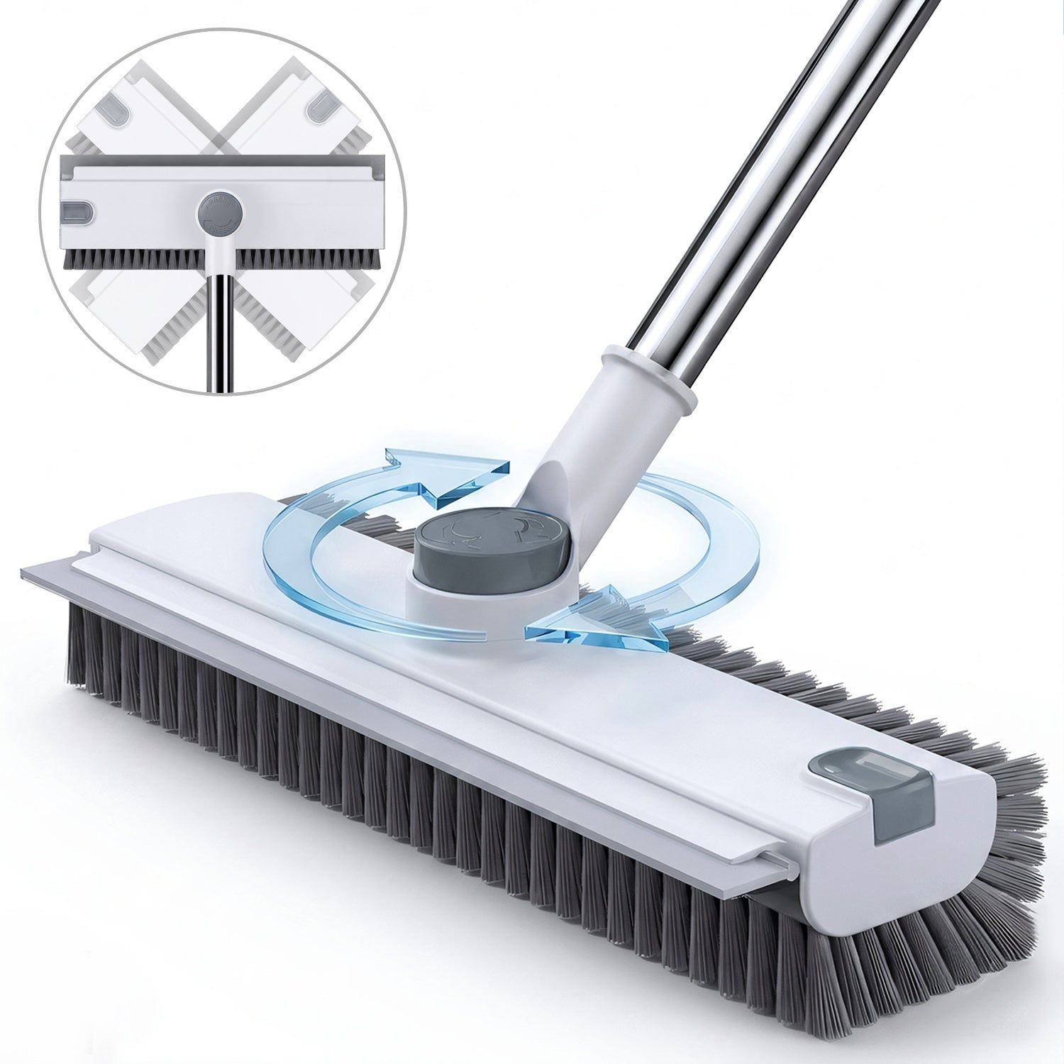 Floor Scrub Brush with Adjustable Long Handle 54’’, 3 in 1 Shower Scrubber with Squeegee, 360 Rotating Head, Stiff Bristle Cleaning Brush for Tile, Grout, Bathroom, Kitchen, Deck, Patio, White