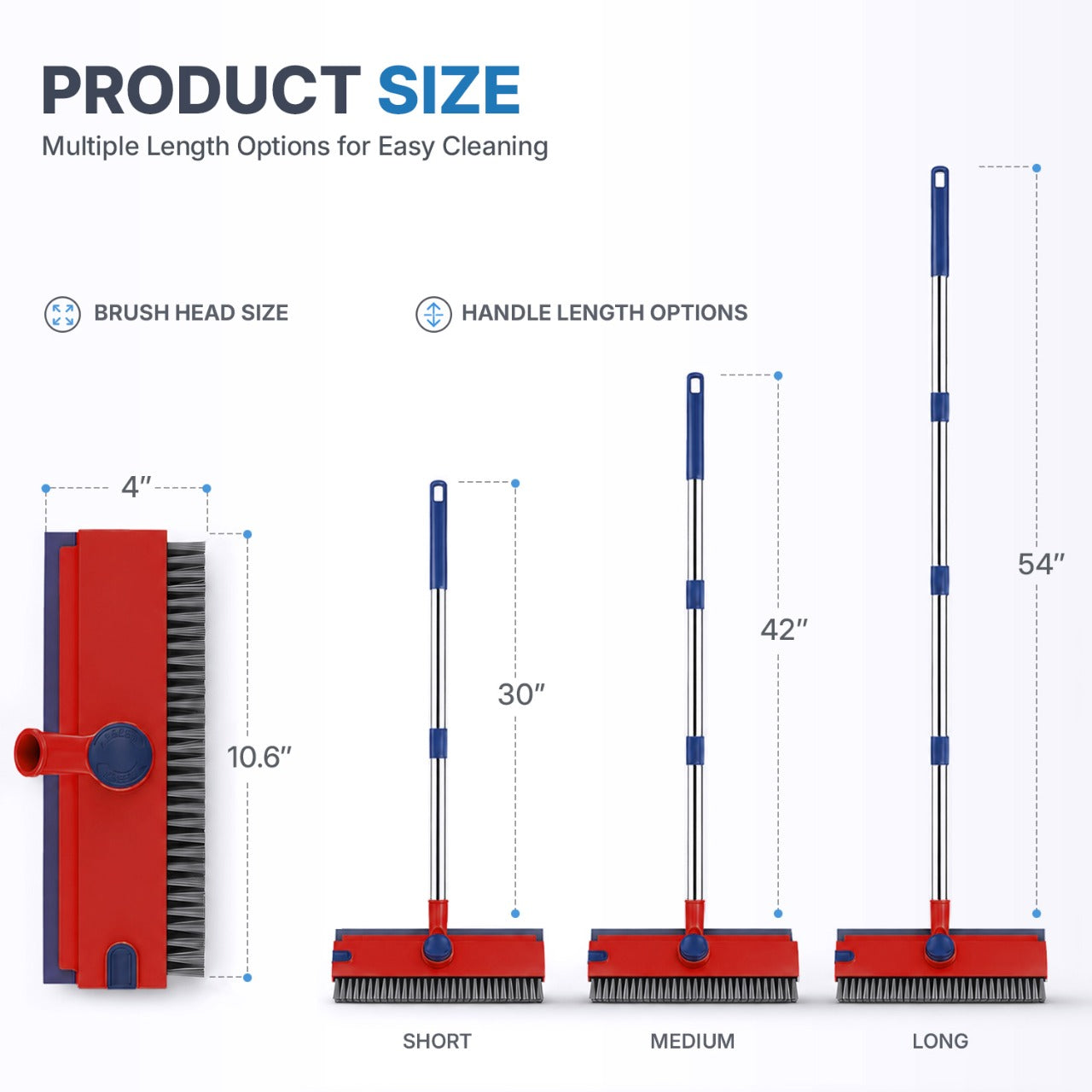 Floor Scrub Brush with Adjustable Long Handle 54’’, 3 in 1 Shower Scrubber with Squeegee, 360 Rotating Head, Stiff Bristle Cleaning Brush for Tile, Grout, Bathroom, Kitchen, Deck, Patio, Blue/Red