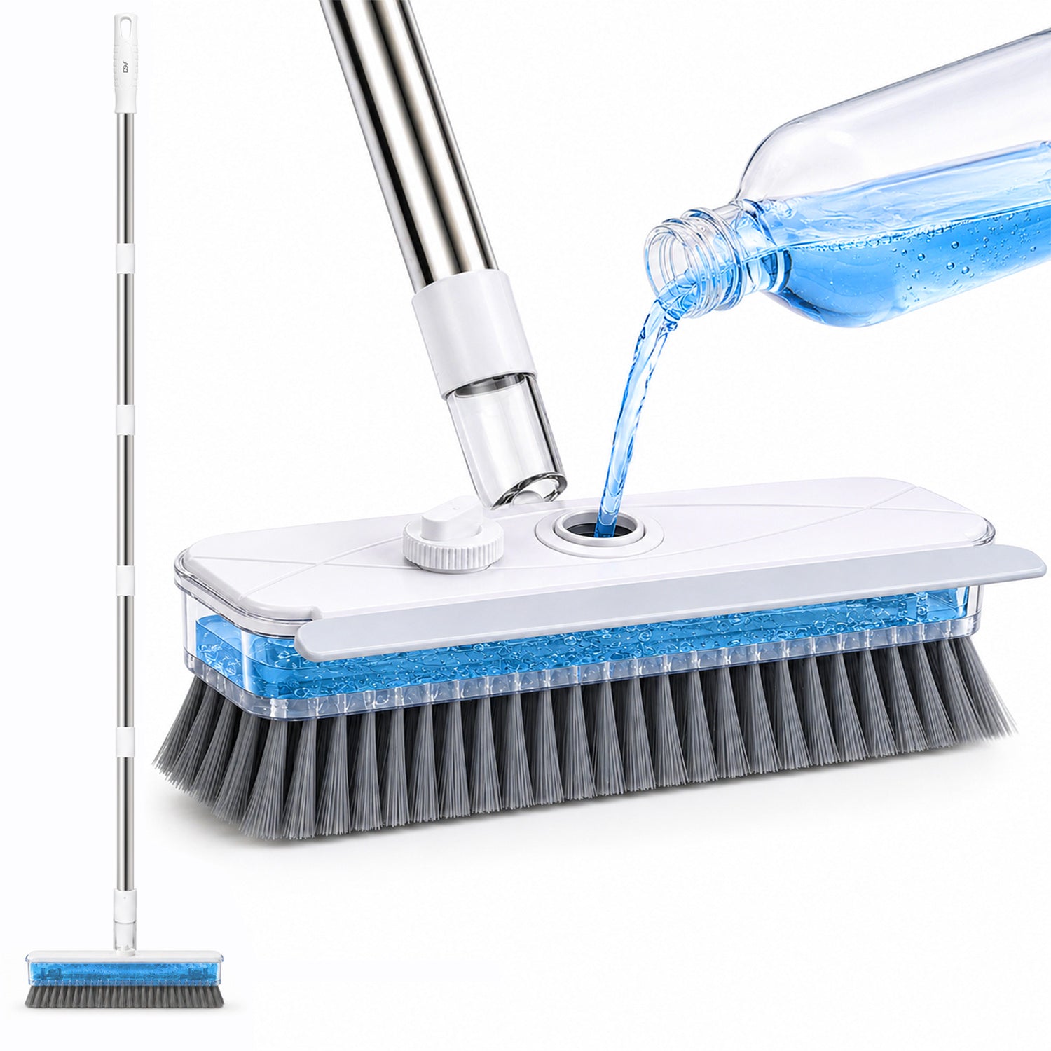 DSV 3-in-1 Floor Scrub Brush with Liquid Dispenser, Long Handle Shower Cleaning Brush 57.5'' with Built-In 248 mL Reservoir, Rubber Squeegee & Stiff Bristles for Tile, Bathroom, Kitchen & Patio