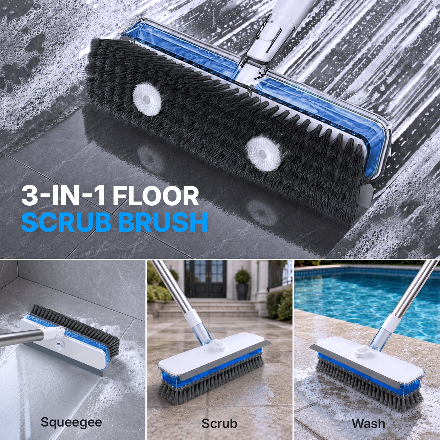 DSV 3-in-1 Floor Scrub Brush with Liquid Dispenser, Long Handle Cleaning Brush 57.5'' with Built-In 248 mL Reservoir, Rubber Squeegee & Stiff Bristles for Tile, Bathroom, Kitchen & Patio