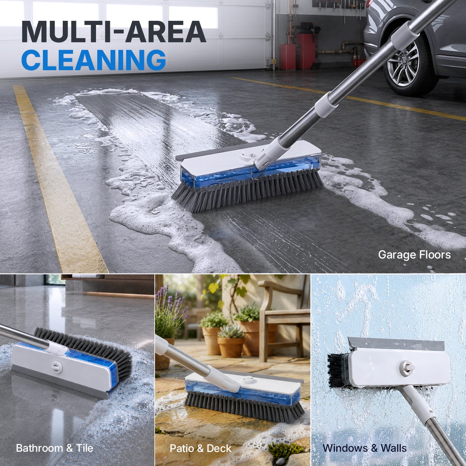 DSV 3-in-1 Floor Scrub Brush with Liquid Dispenser, Long Handle Cleaning Brush 57.5'' with Built-In 248 mL Reservoir, Rubber Squeegee & Stiff Bristles for Tile, Bathroom, Kitchen & Patio