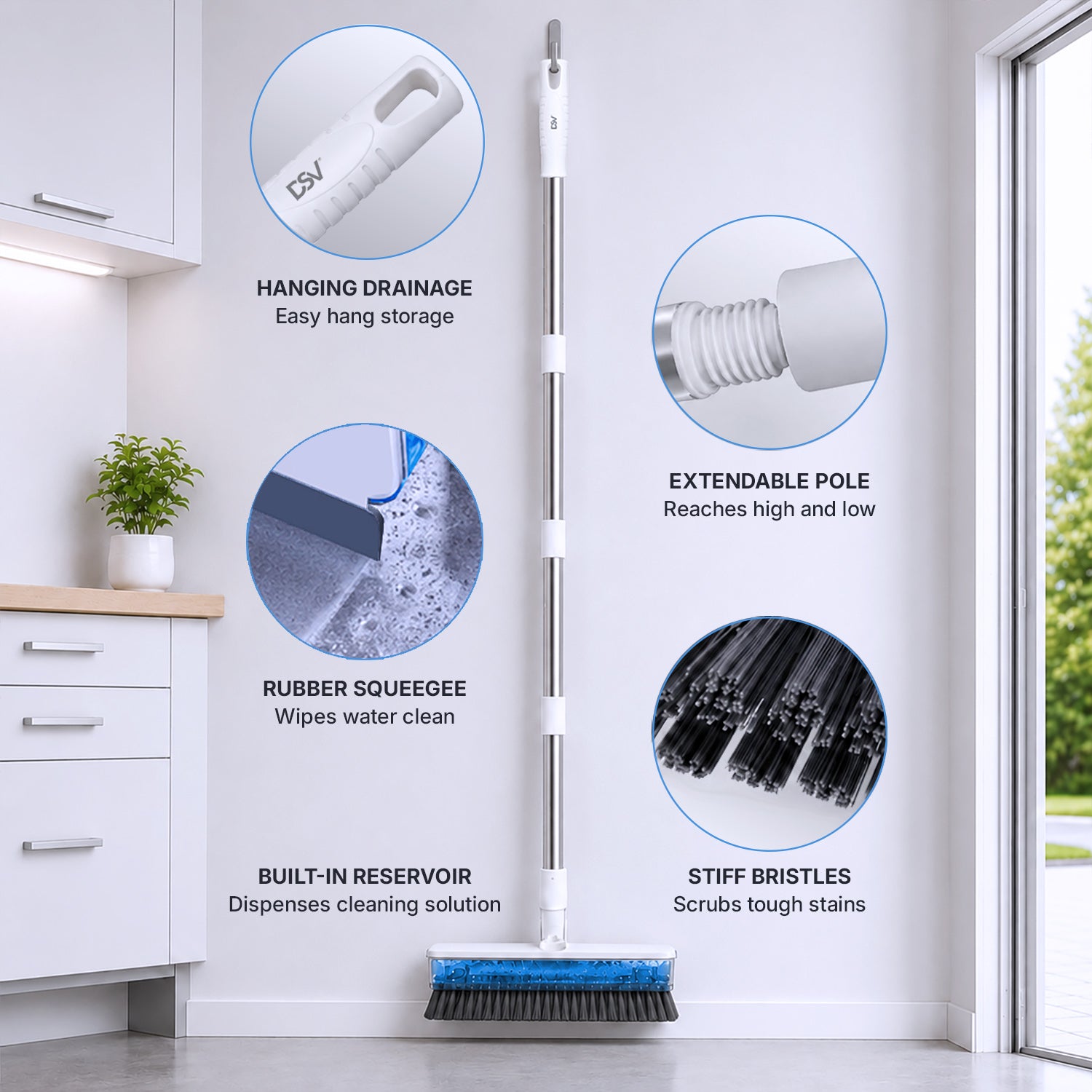 DSV 3-in-1 Floor Scrub Brush with Liquid Dispenser, Long Handle Cleaning Brush 57.5'' with Built-In 248 mL Reservoir, Rubber Squeegee & Stiff Bristles for Tile, Bathroom, Kitchen & Patio