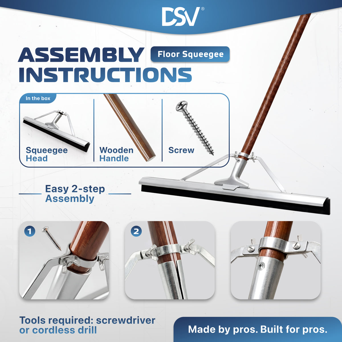 DSV Straight Rubber Floor Squeegee 24'' with Tapered Wood Handle 57''