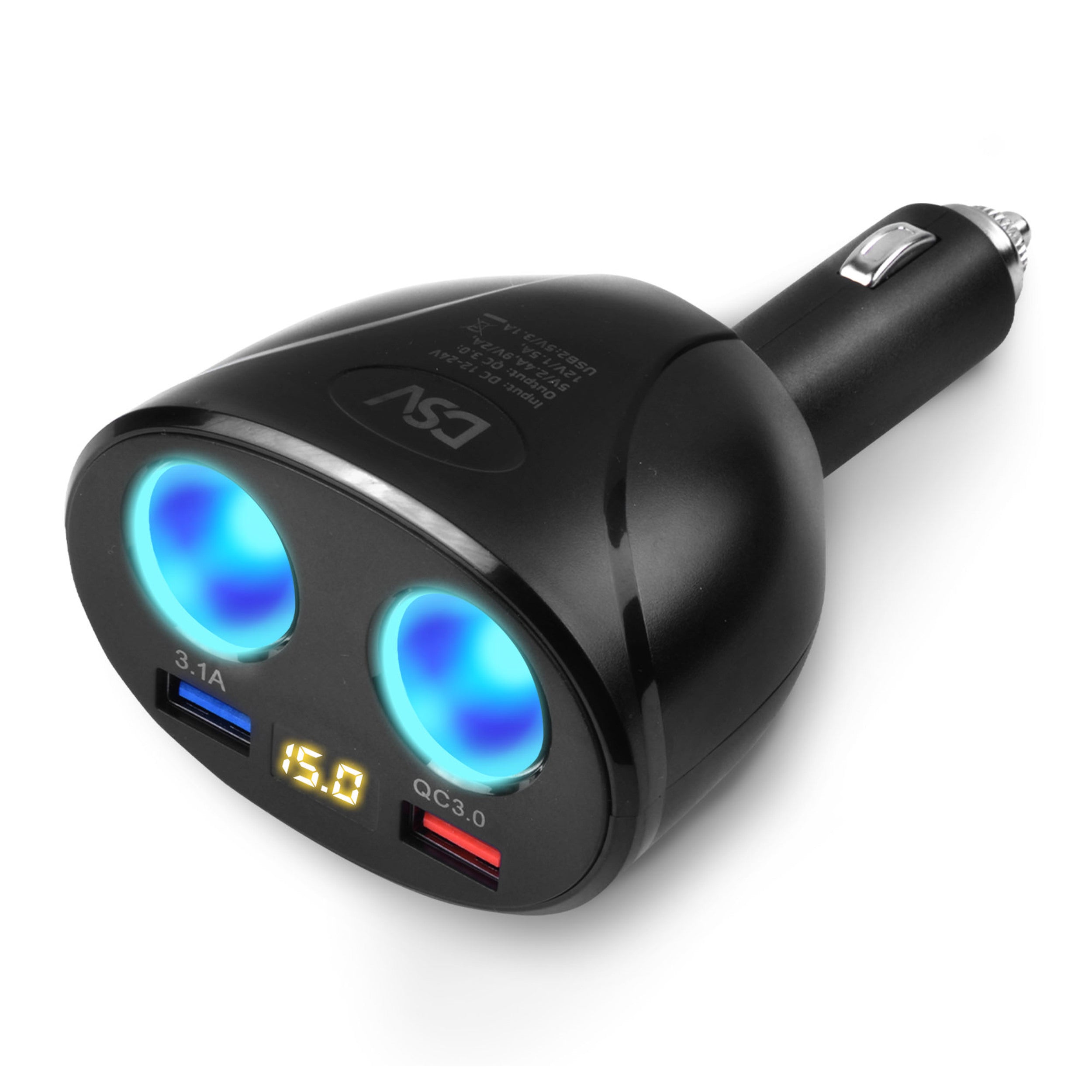 DSV Standard USB Car Charger 2 Socket Cigarette Lighter Usb Charger 12V/24V Dual 3.1A & QC3.0 Fast Charging, Cigarette Lighter Adapter Separate Switch LED Voltage Display