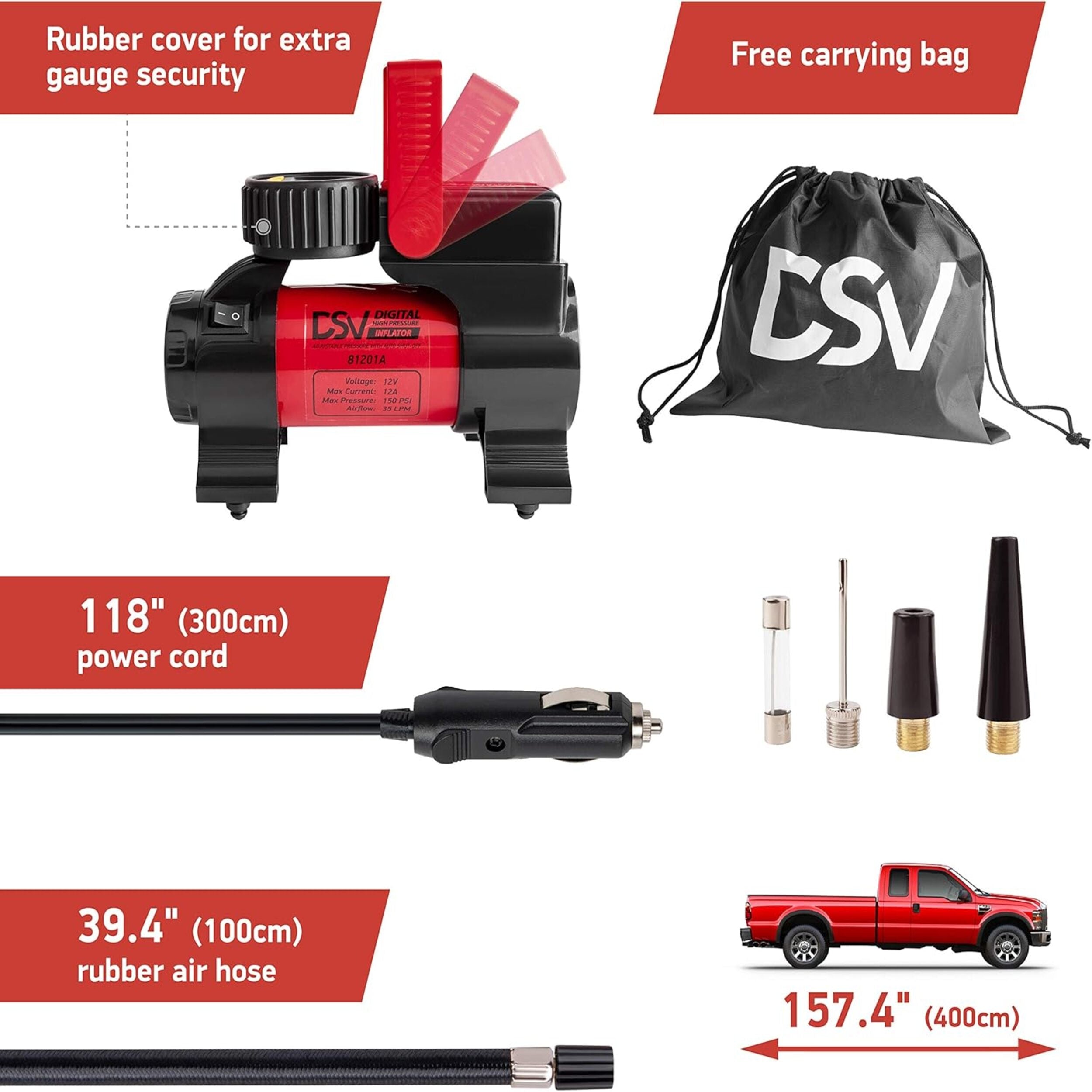 DSV Standard Air Compressor Tire Inflator 12V DC Portable 150PSI Tire Pump for Car Tires with Automatic Shut Off, Digital Pressure Gauge and Led Light. for Car, Bicycle, Inflatables