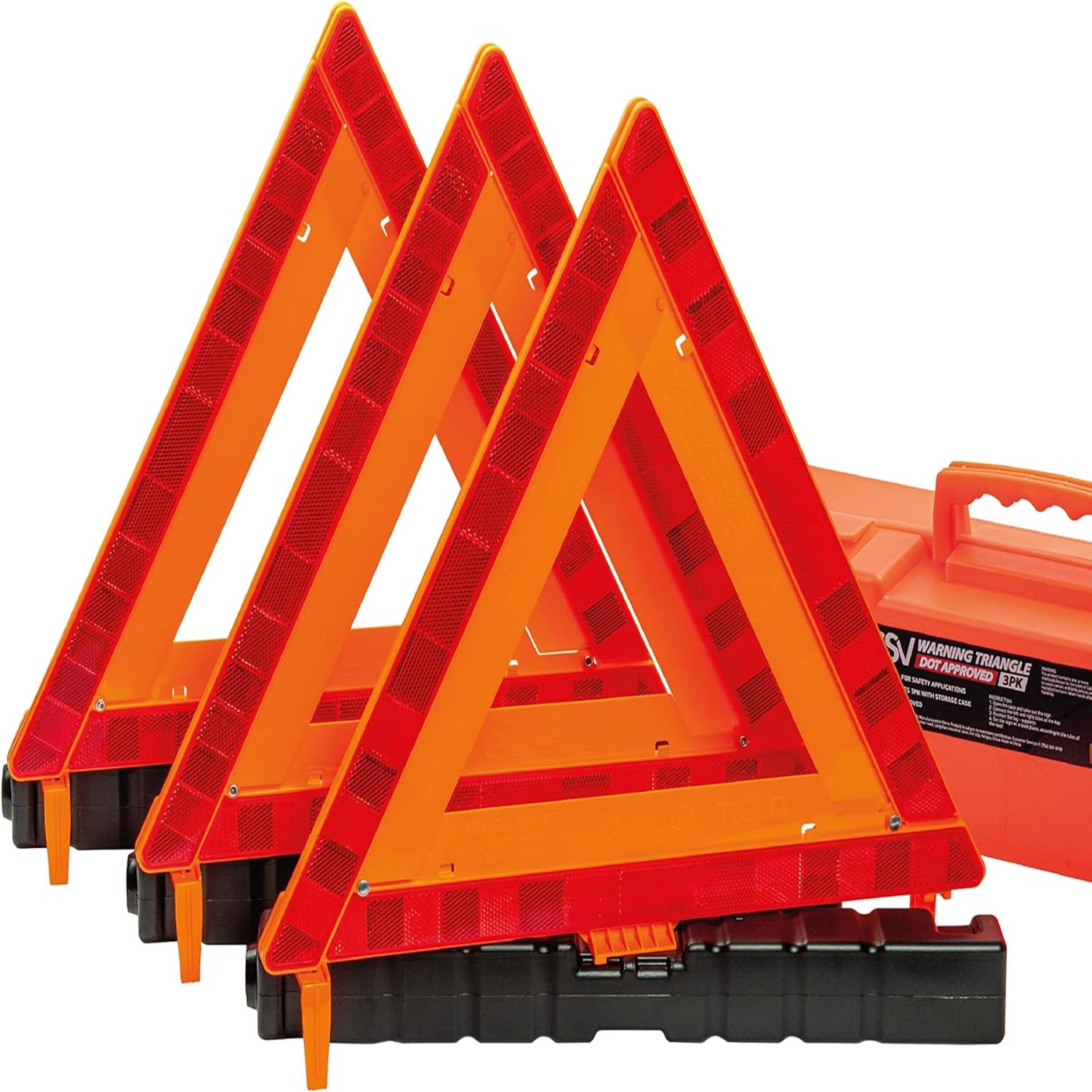 DSV Standard Warning Triangles, Safety Triangles DOT Approved, Plastic, 3 Pack, Reflective Triangles with Heavy Base, FMVSS 571.125 &Carrying Case Included