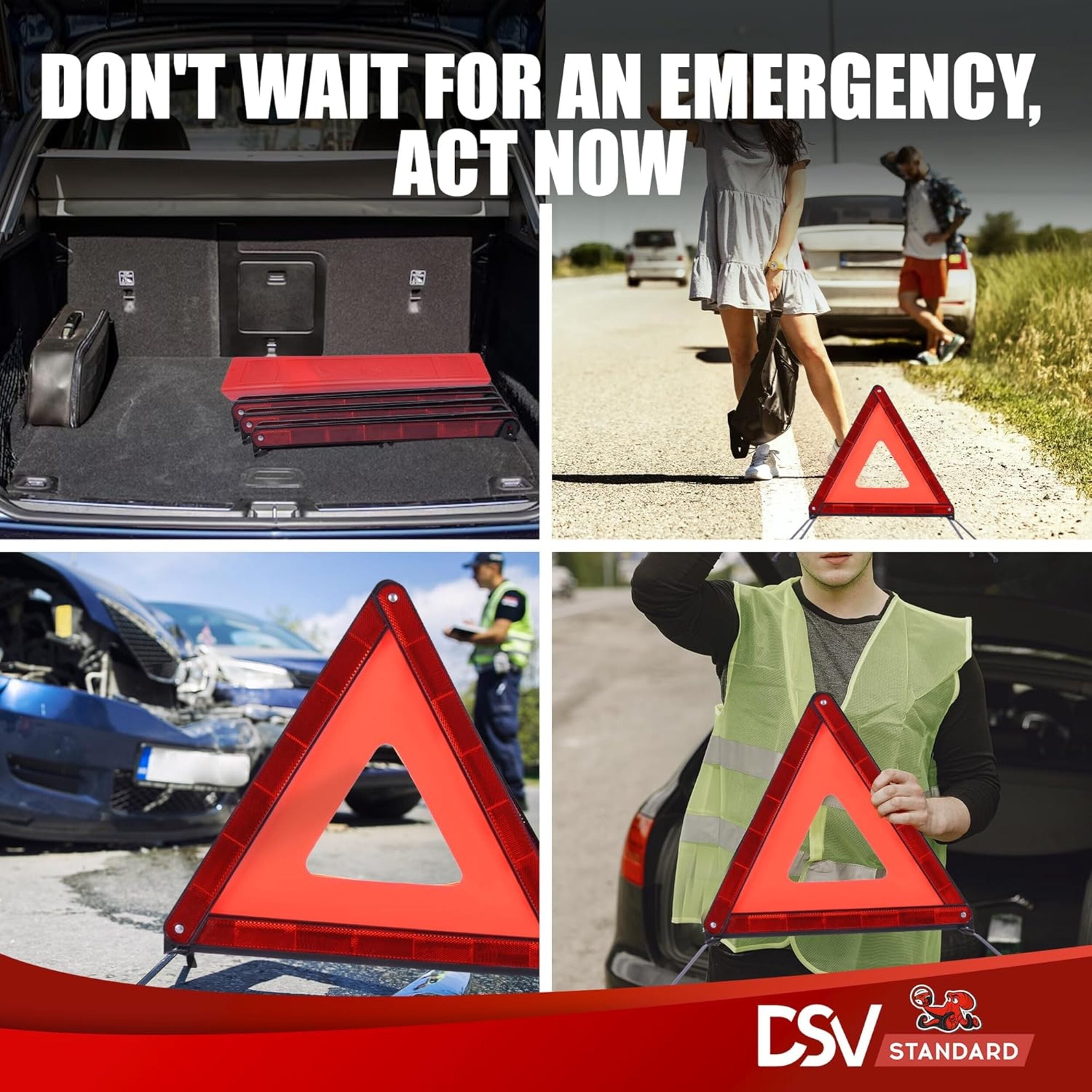 DSV Standard Emergency Triangles, Warning Triangles for Vehicles, Reflective Triangle, Safety Triangles with Case for Vehicles Breakdown, 3-Pack