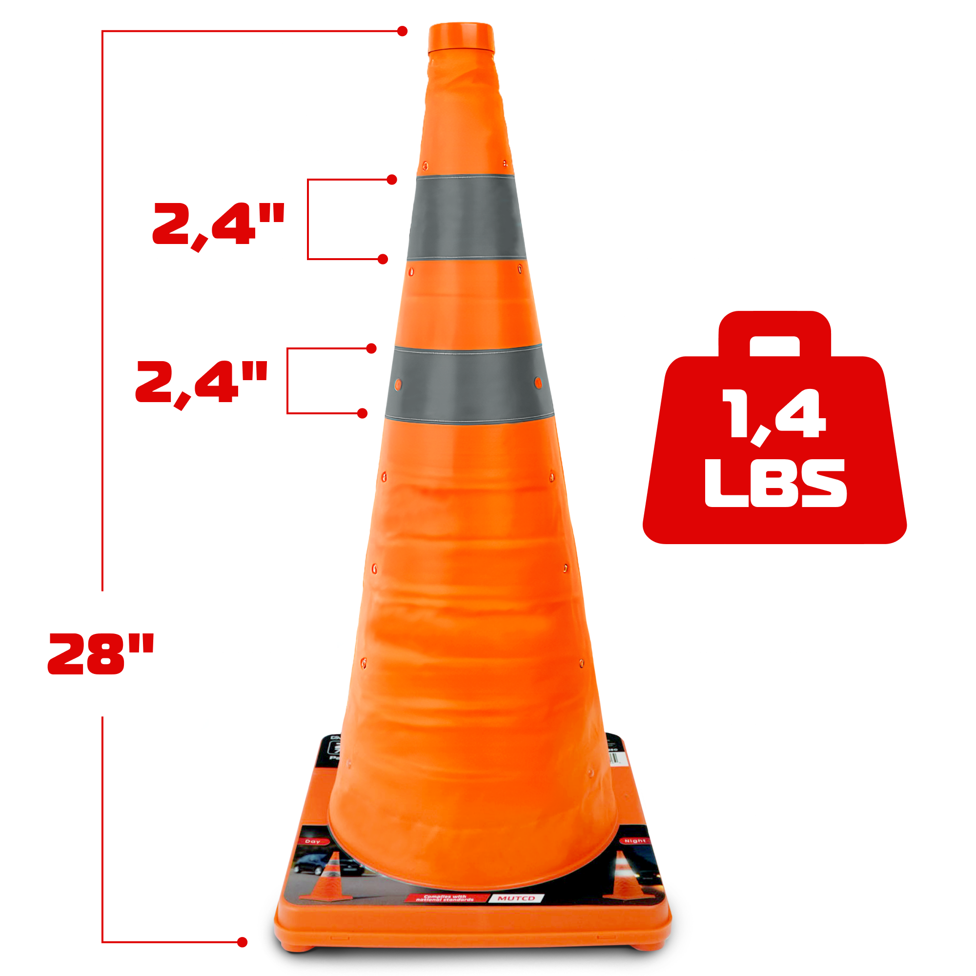 DSV Collapsible Traffic Cone 28’’ with Reflective Collars - 1 PK, Orange, Nylon Body