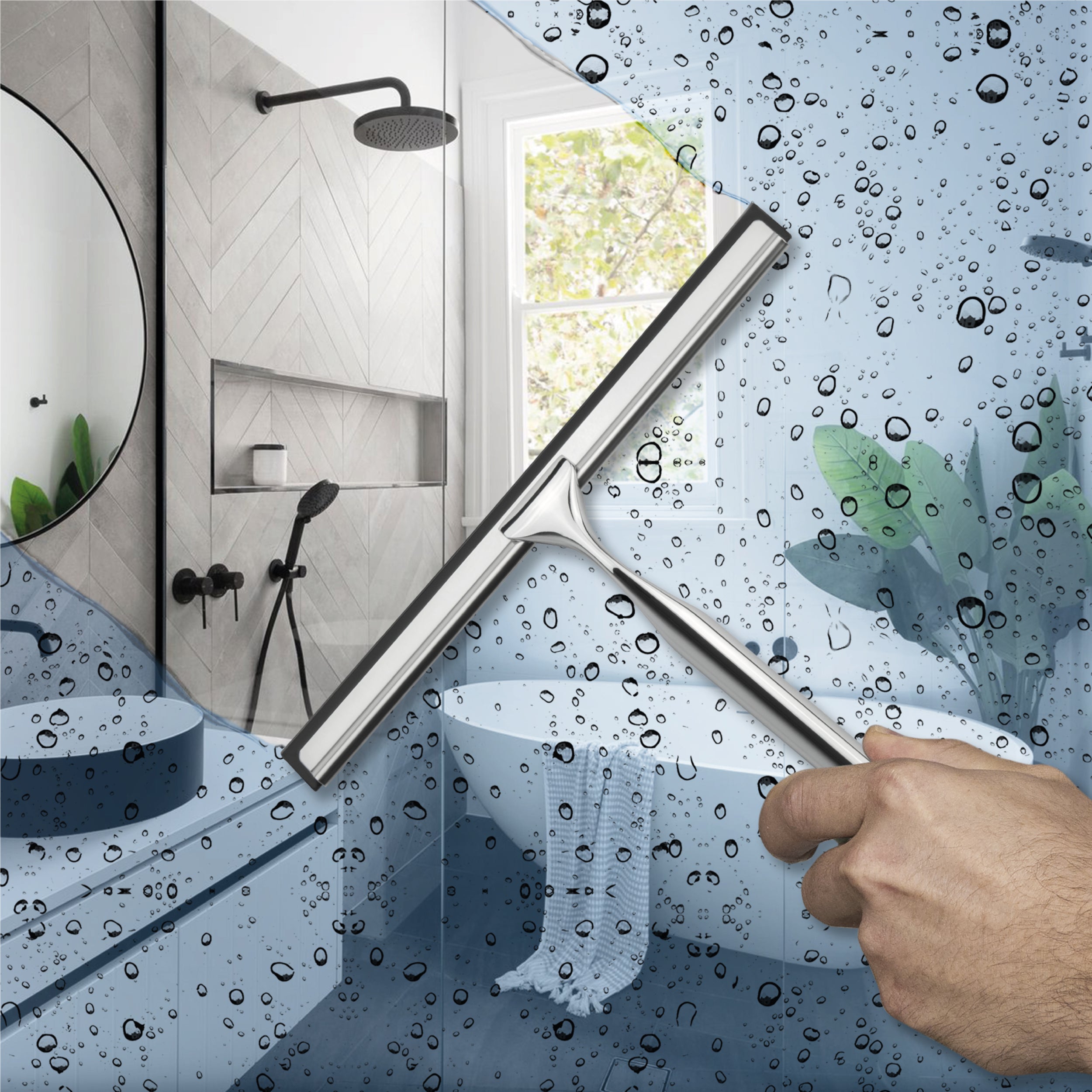 DSV Standard All-Purpose Shower Squeegee for Shower Doors, Bathroom, and Car Windshield - Stainless Steel, Mini Window Cleaner Tool with Adhesive Hook - 10''