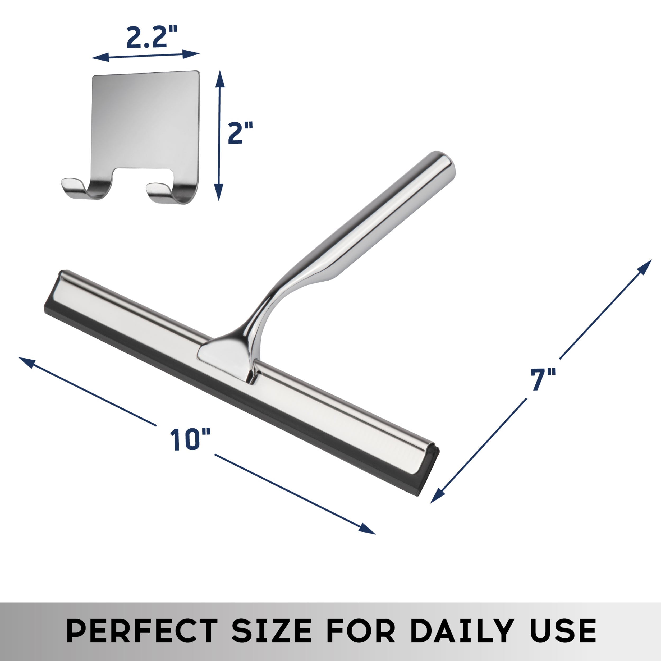 DSV Standard All-Purpose Shower Squeegee for Shower Doors, Bathroom, and Car Windshield - Stainless Steel, Mini Window Cleaner Tool with Adhesive Hook - 10''