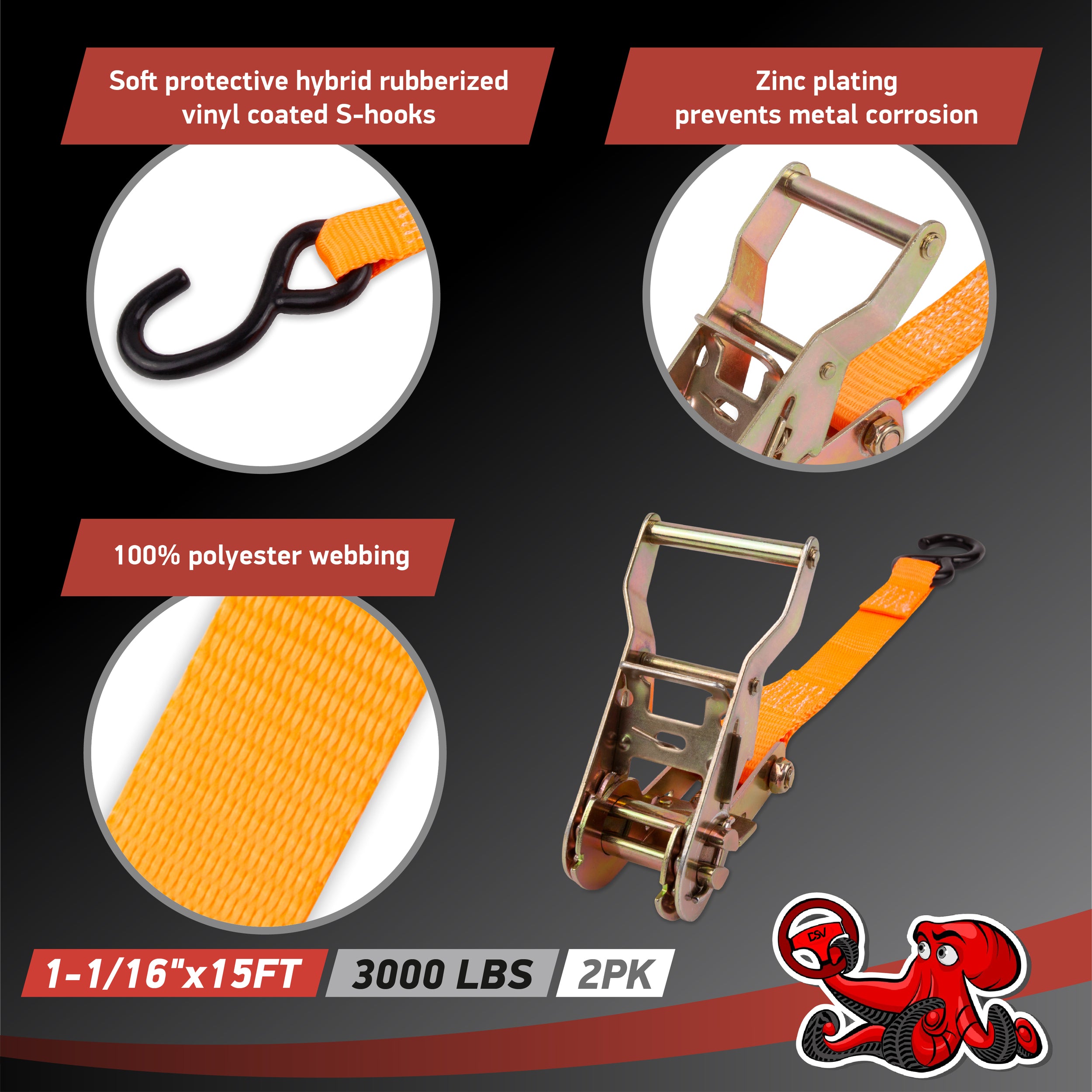 DSV Standard Ratchet Tie Down Straps - (2Pk) 1" x 15' 3000 Lb Break Strength - Cargo Tow Straps with Padded Handle & Double S Hook