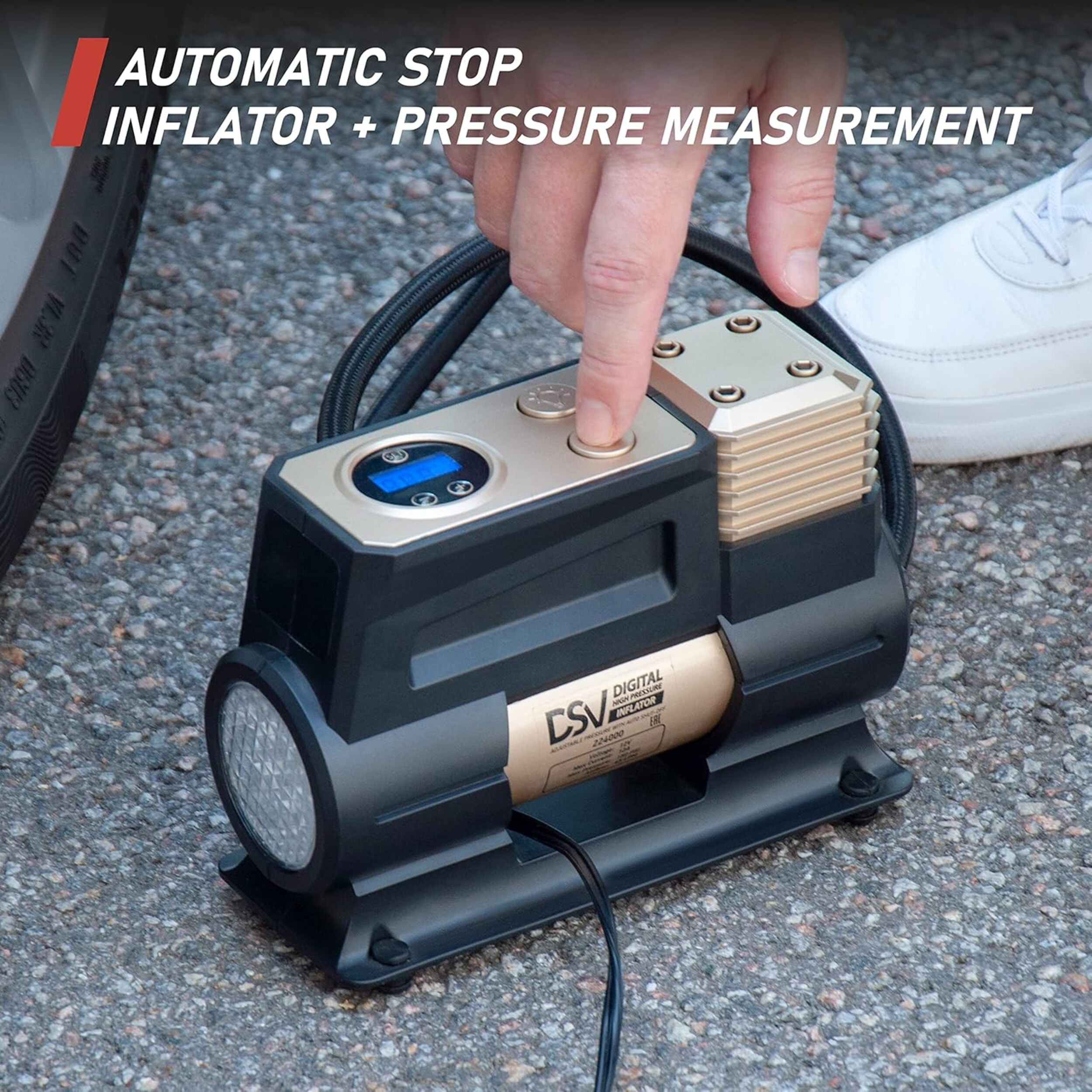 DSV Standard Digital Single Cylinder Portable Air Compressor 150PSI Tire Inflator with Auto Shut Off, 12V DC Air Pump for Car Tires with Digital Pressure Gauge and Led Light